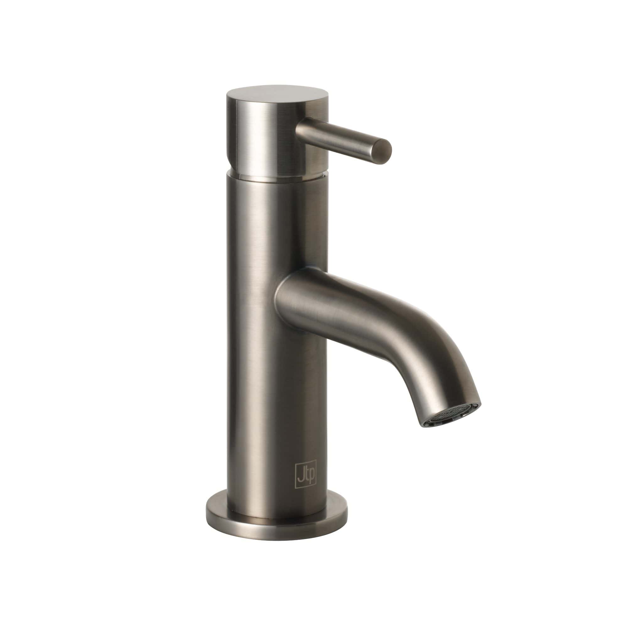 Sleek stainless steel bathroom faucet with modern cylindrical design and single lever handle, ideal for contemporary bathroom sink installations. Perfect for stylish and functional bathroom upgrades.