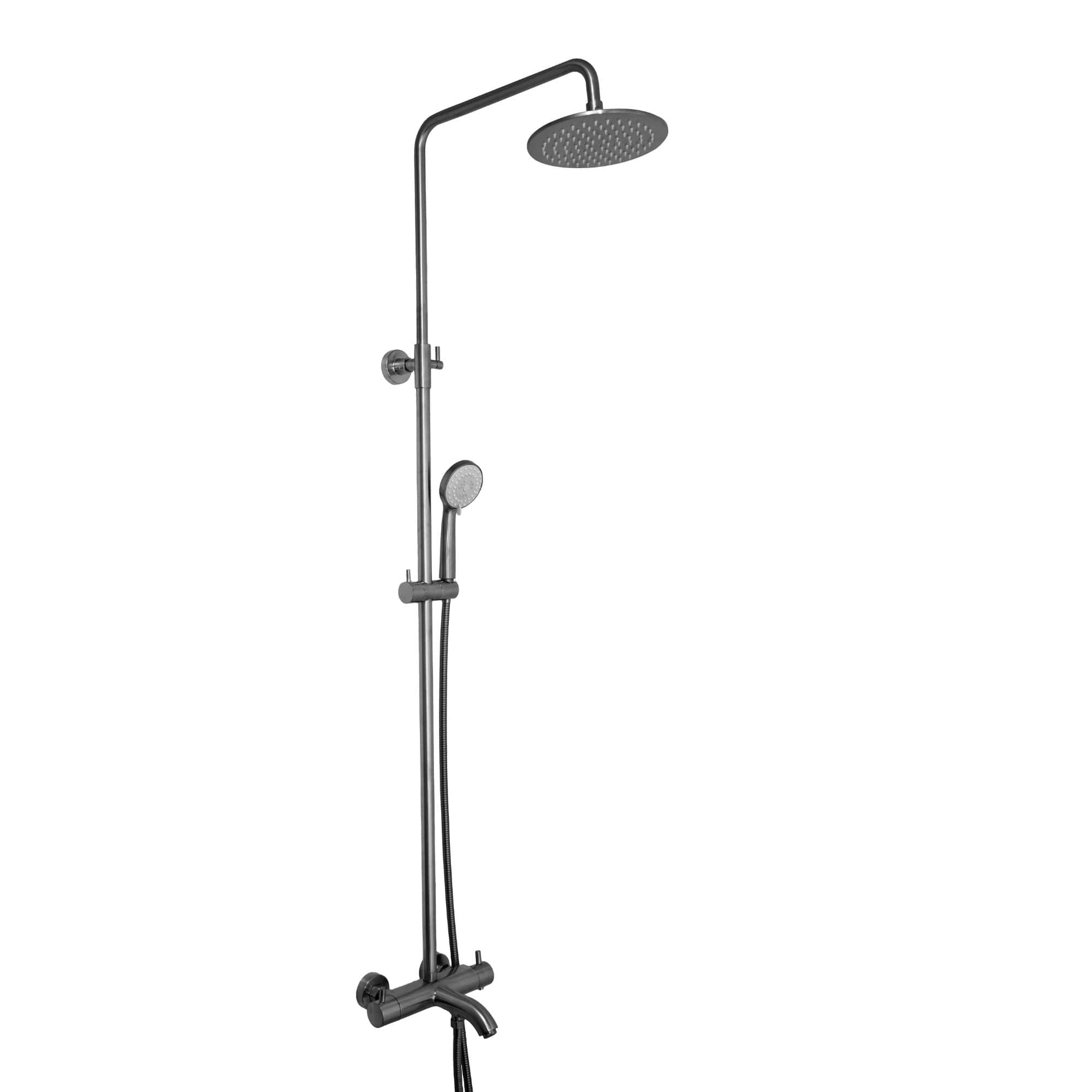 Sleek modern black shower system with rainfall and handheld shower heads, perfect for luxury bathroom renovation and bathing comfort.