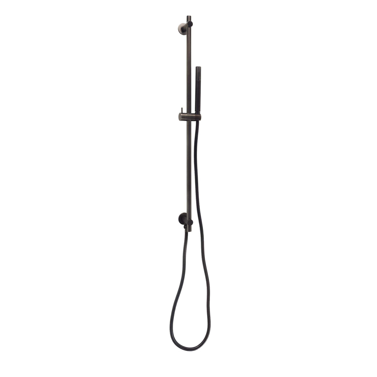 Sleek black bathroom waterfall shower system with handheld and overhead shower head, modern design for contemporary bathrooms.