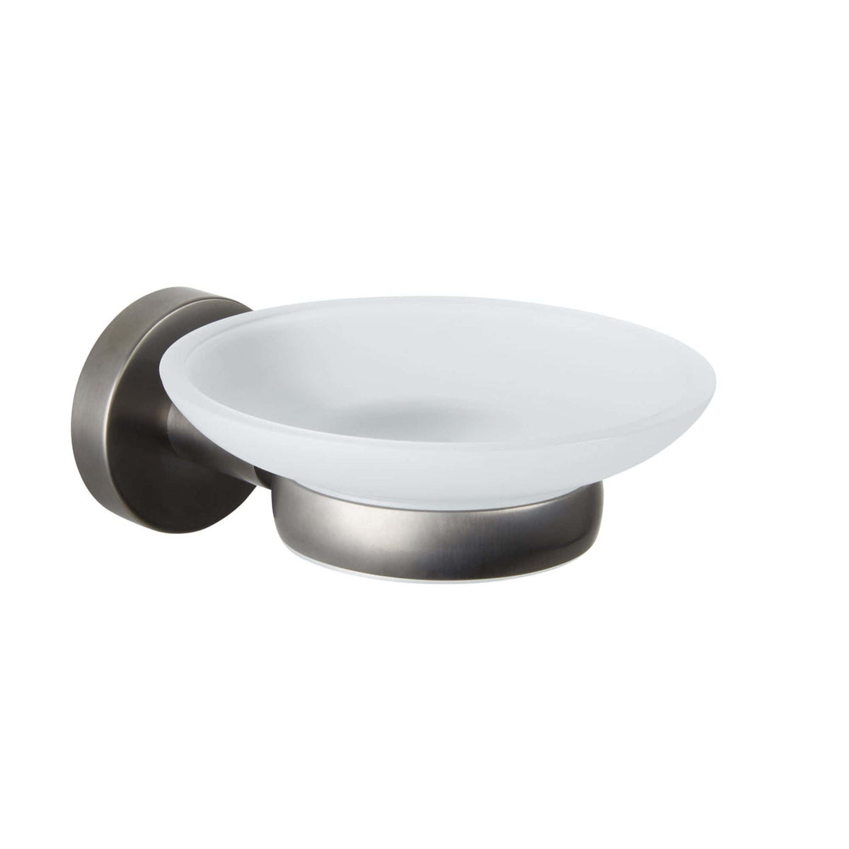 Polished stainless steel wall-mounted soap dish with frosted glass dish for modern bathroom decor. Durable, stylish design suitable for seamless bathroom organisation.