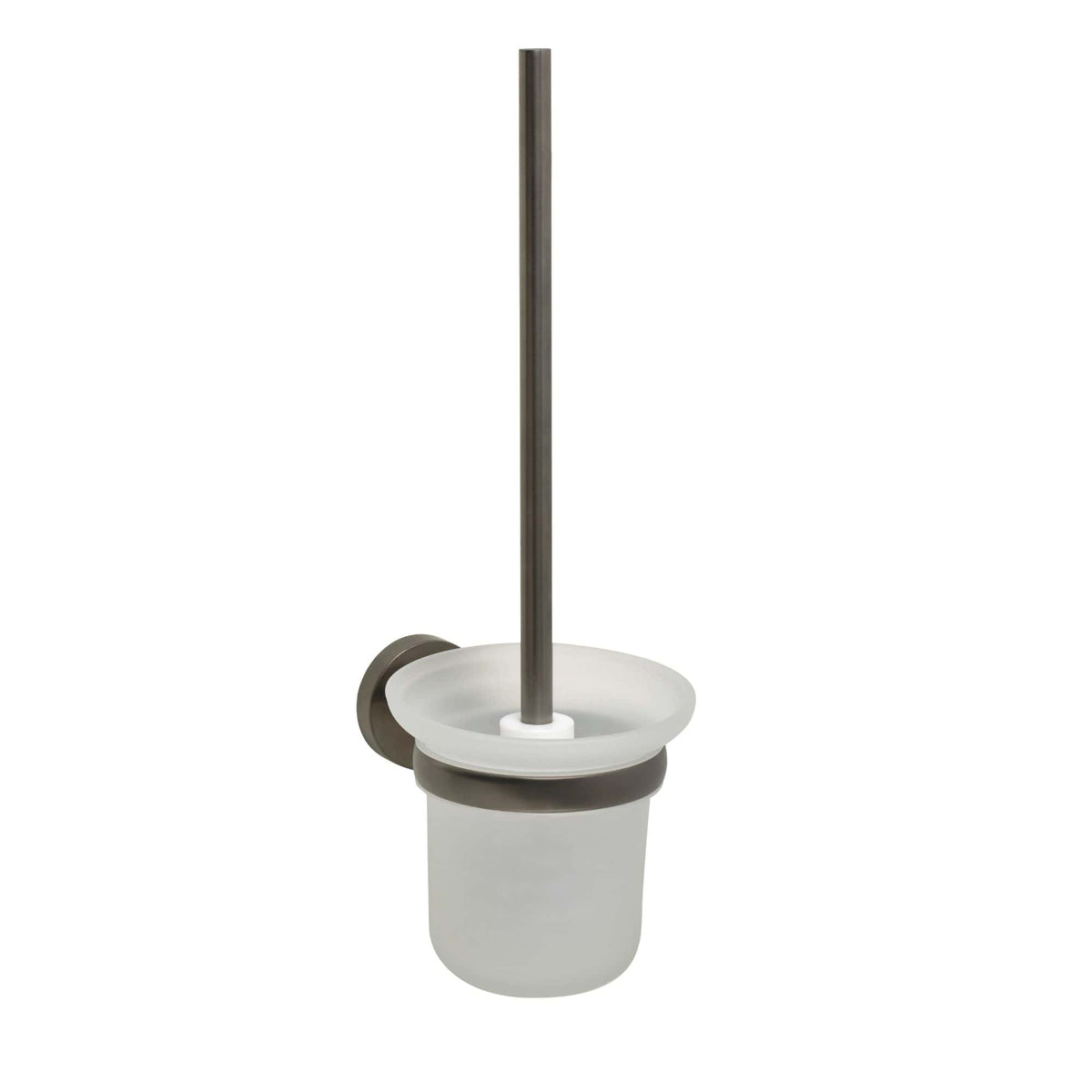 Stainless steel toilet brush holder with white ceramic cleaning brush inside, ideal for modern bathrooms. Durable design for hygiene and easy cleaning, seamlessly fits in toilet and bathroom spaces.