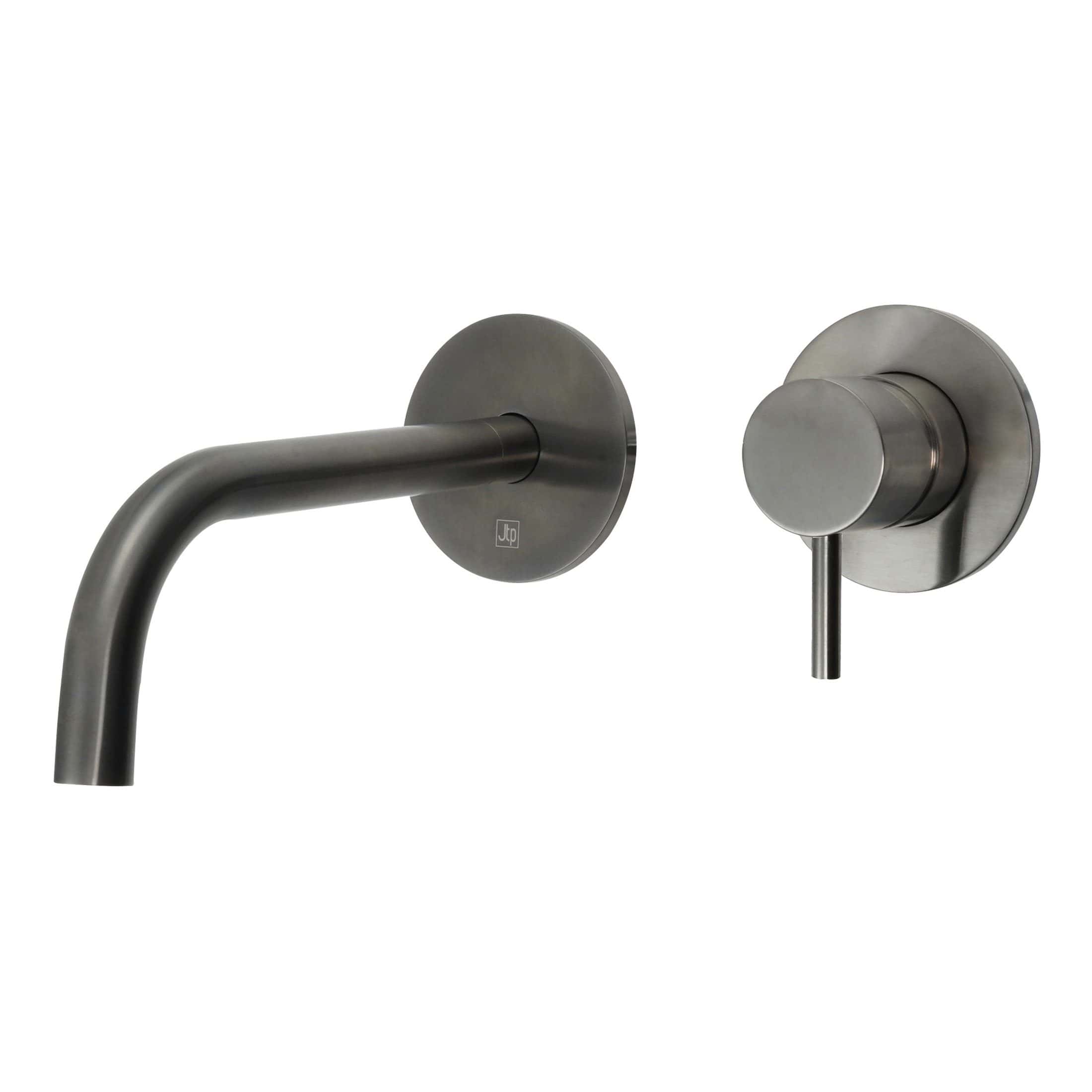 Sleek matte black wall-mounted kitchen faucet and single lever control for modern bathroom or kitchen sink, durable stainless steel design.