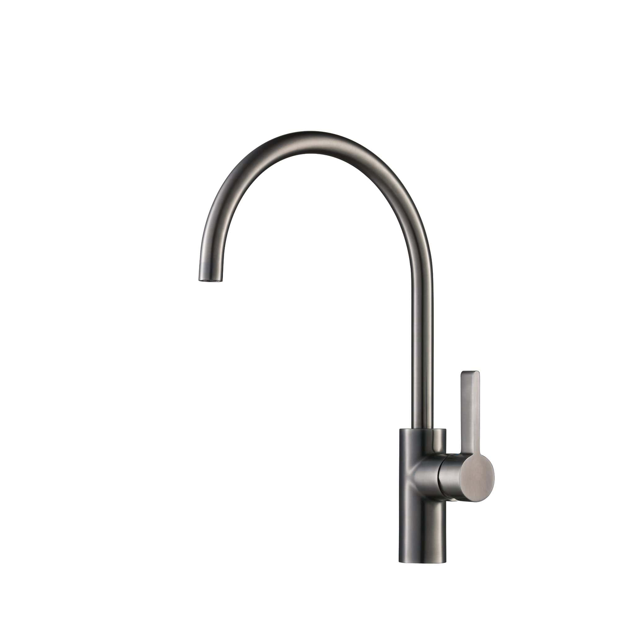 Sleek stainless steel kitchen faucet with high-arc design for modern bathroom or kitchen sinks, providing durability and easy use. Perfect for contemporary bathroom upgrades.
