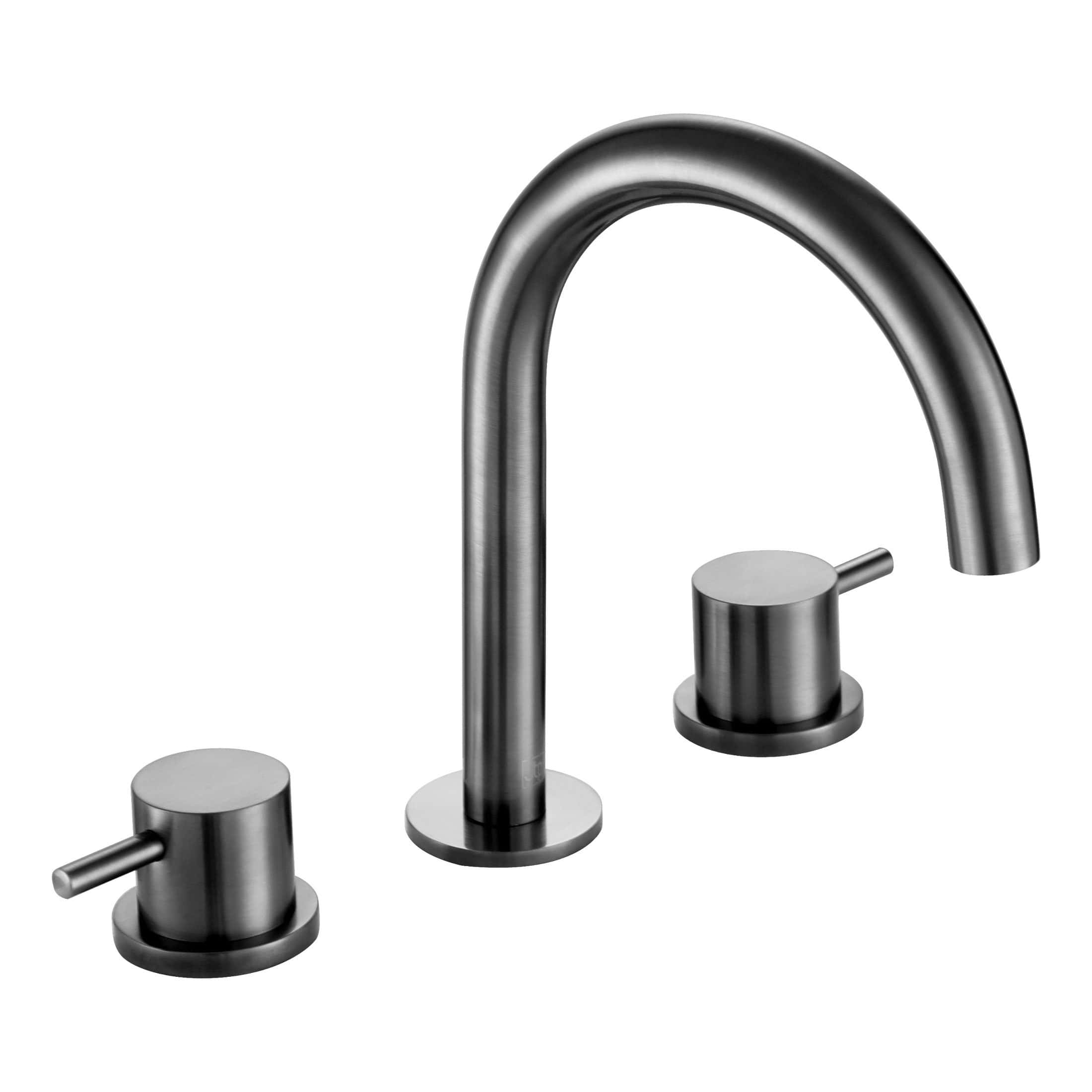 Sleek stainless steel bathroom tap with dual handles and high-arc spout, perfect for modern bathroom sinks and basin installations, combining style and functionality.