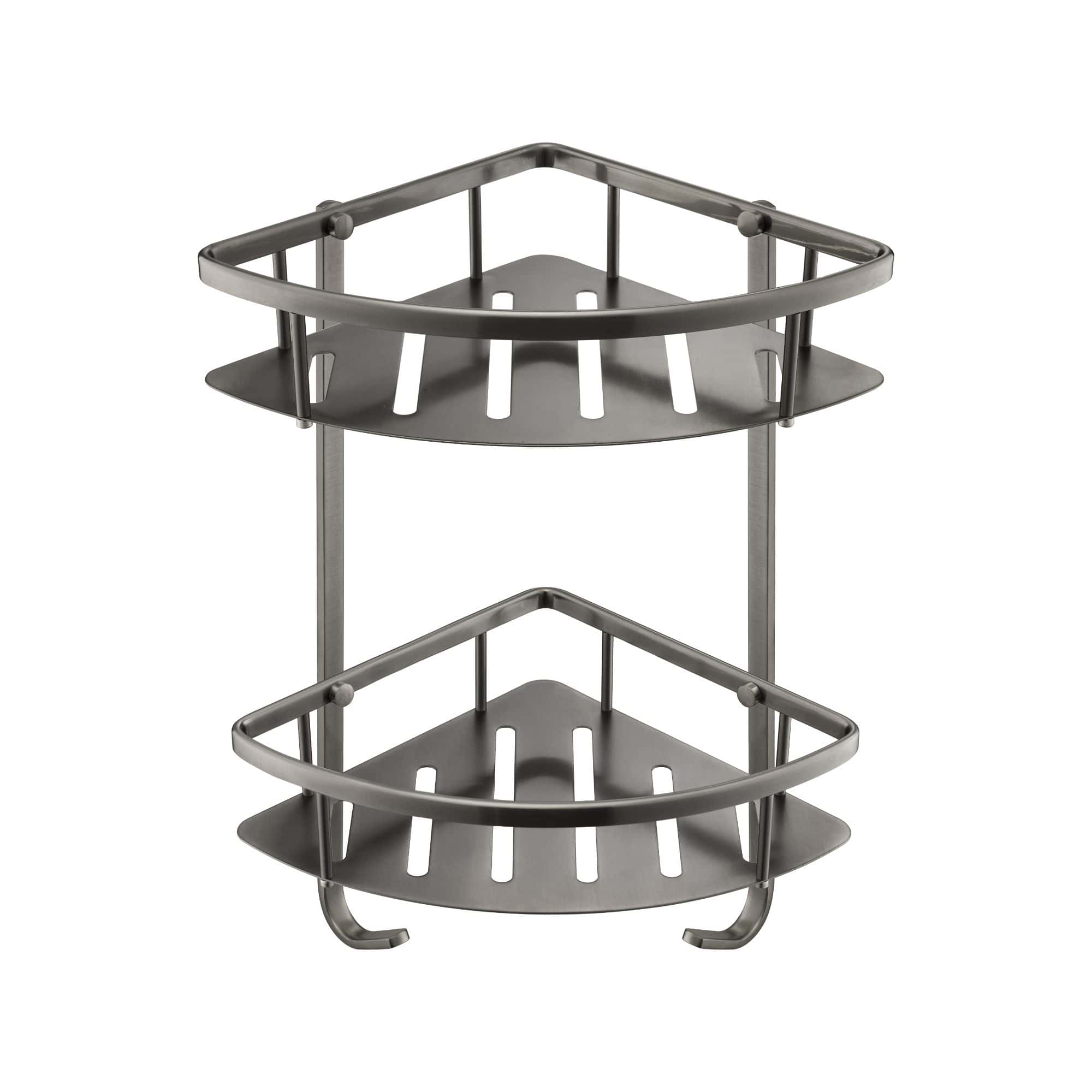 Stainless steel bathroom corner shower shelf with two tiers, ideal for organising shower essentials and enhancing bathroom storage solutions. Perfect for modern bathrooms.