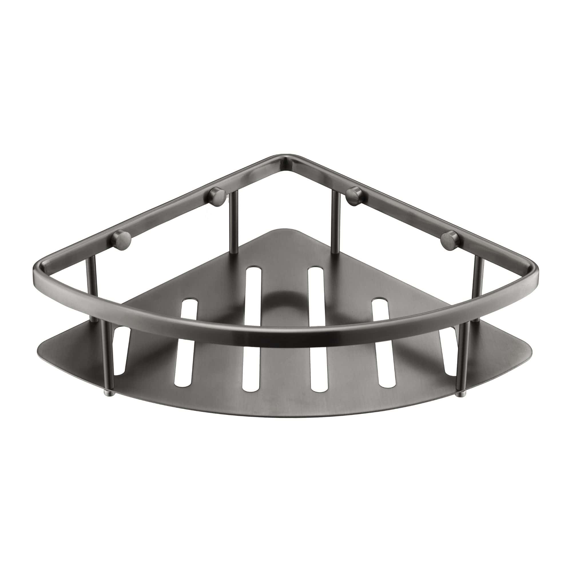 Sleek stainless steel corner shower shelf with ventilated base and safety rails for bathroom organisation and convenience.