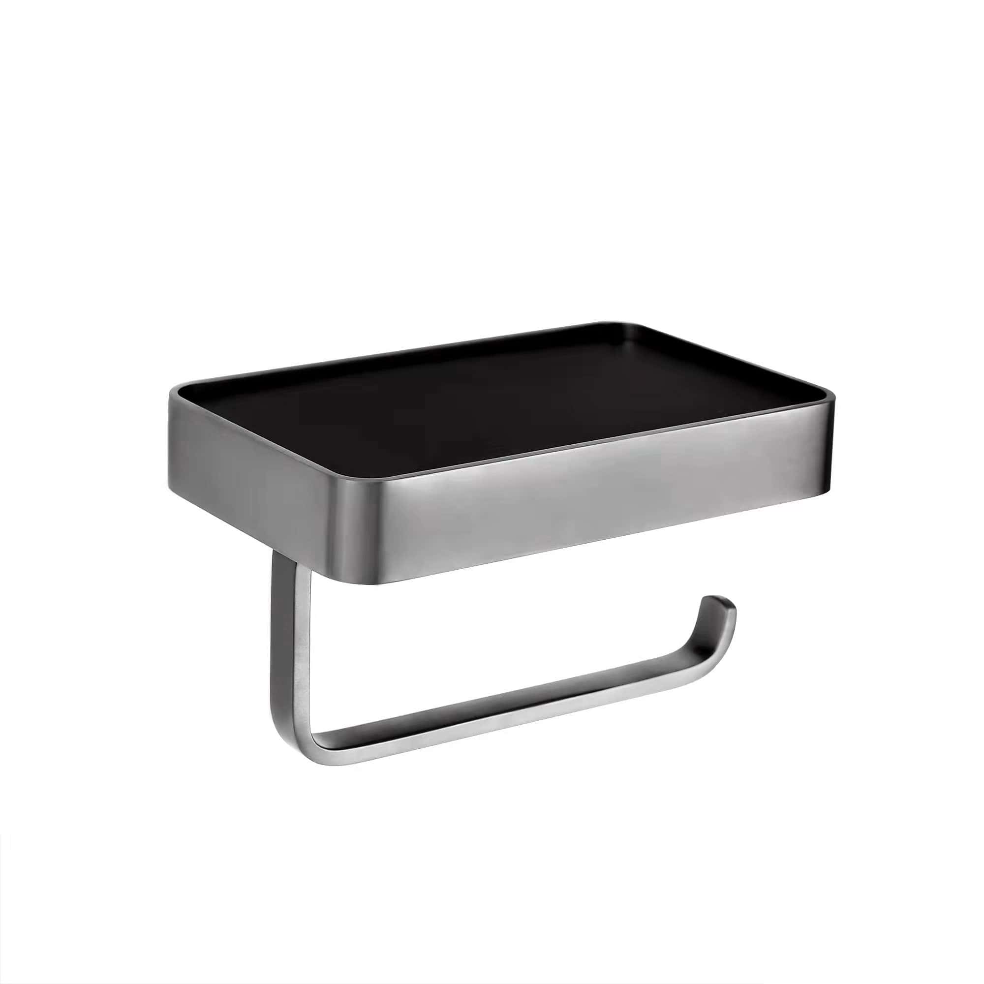Sleek stainless steel bathroom storage tray with a modern black interior and a handy toilet paper holder hook, ideal for organising toiletries and essentials in contemporary bathrooms.