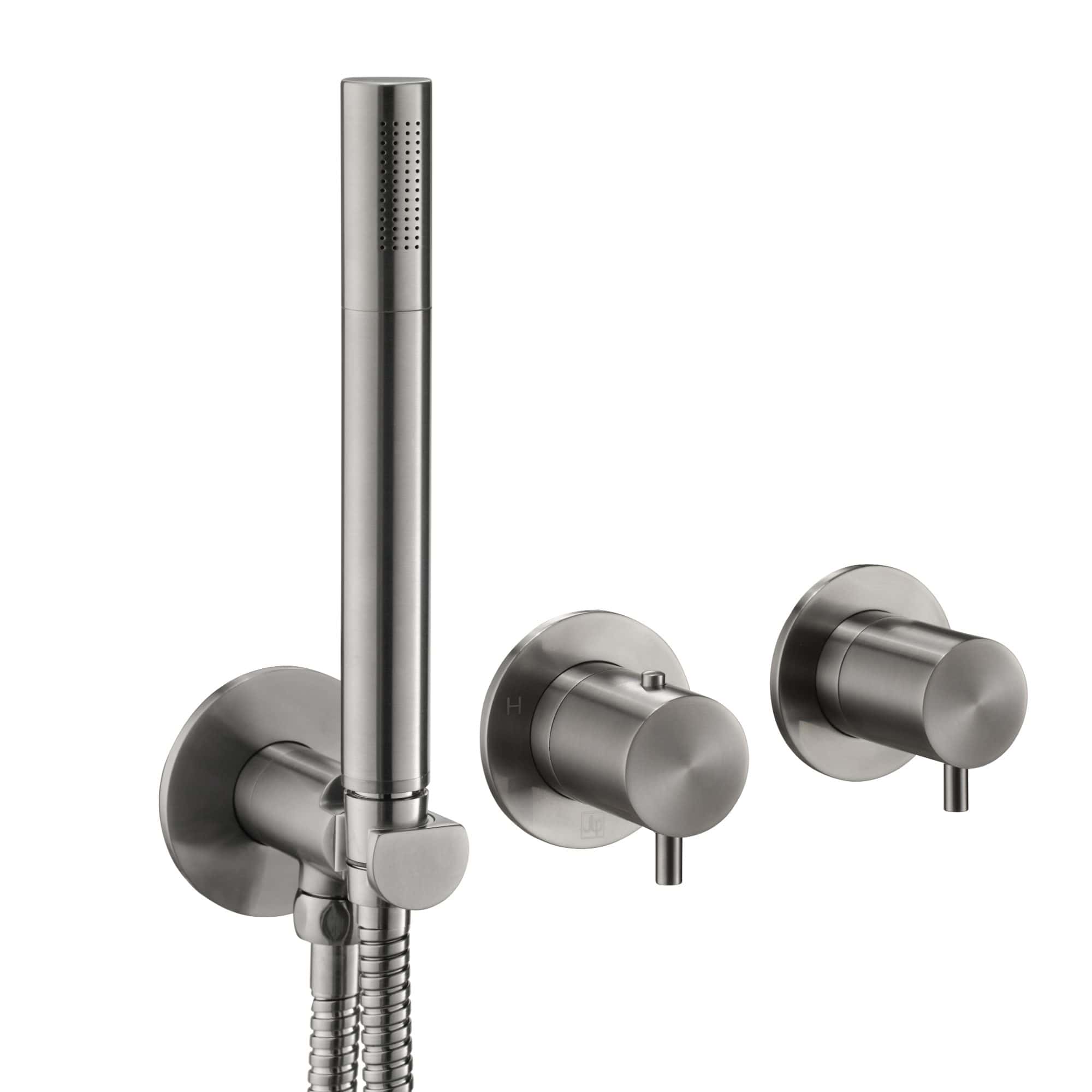 Sleek stainless steel bathroom hand shower set with adjustable controls, ideal for modern bathrooms, providing a stylish and functional shower experience.