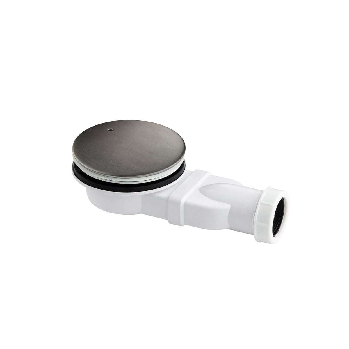 Drain waste trap with white PVC pipe and stainless steel top for bathroom sink plumbing solutions.