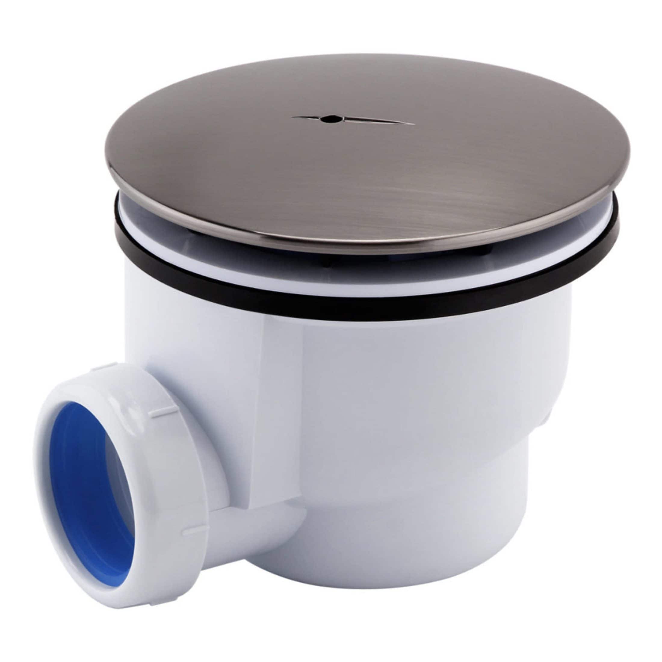 Compact automatic drain cover with stainless steel lid and white plastic body, ideal for modern bathroom sinks to prevent blockages and odour. Suitable for home or commercial use.