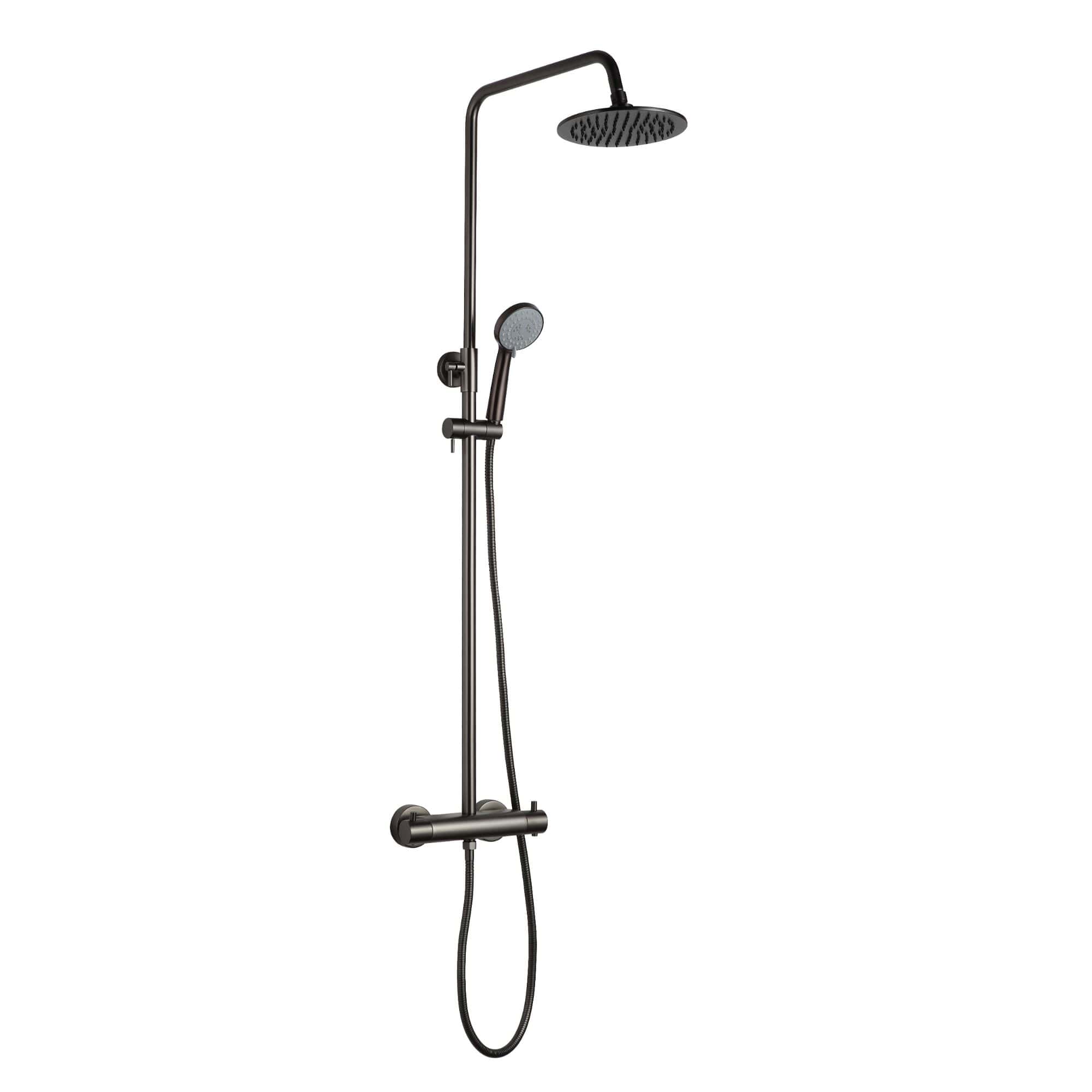 Shower panel with rainfall and handheld showerheads in modern black finish, ideal for luxury bathroom upgrades. Perfect for stylish, functional bathroom shower systems.