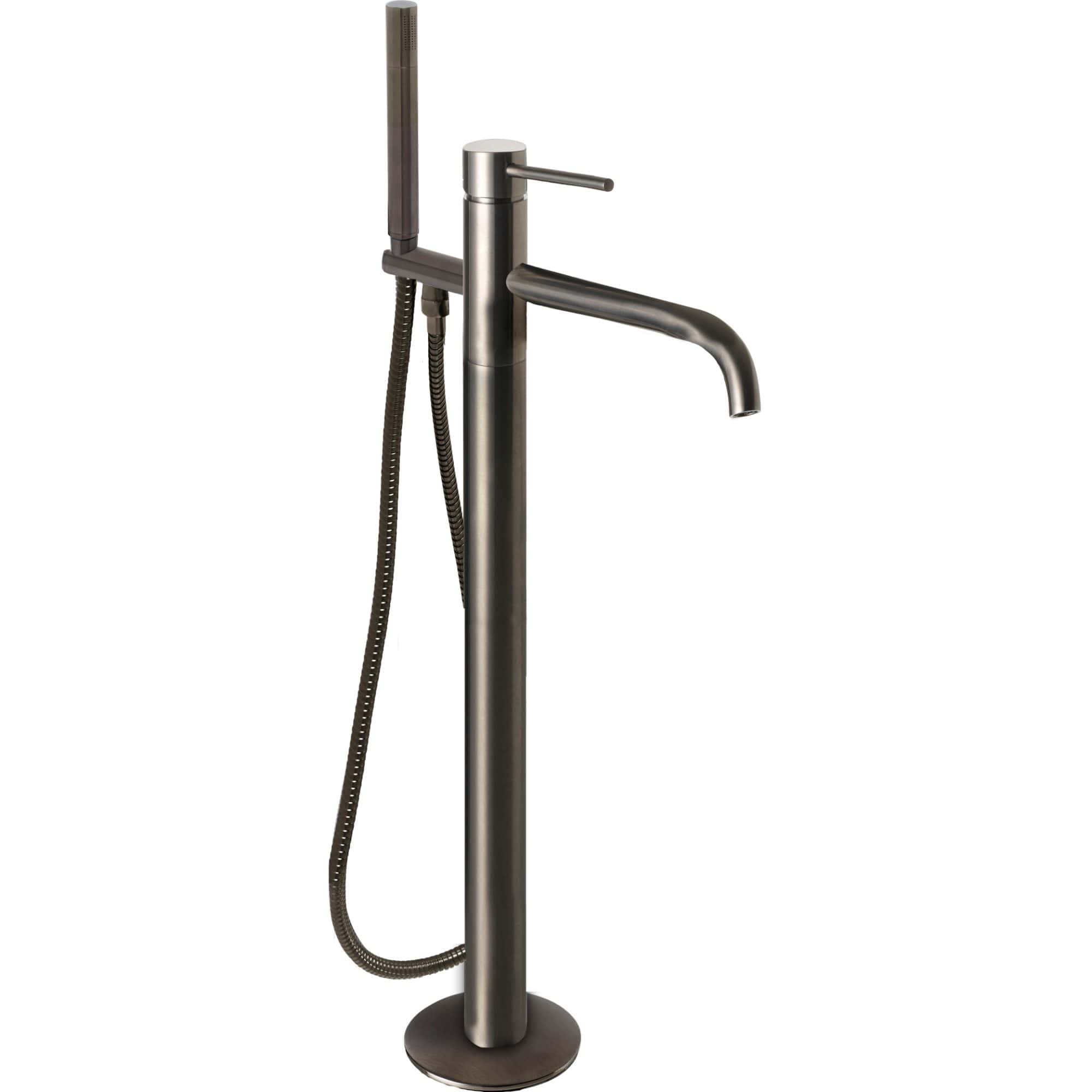 Sleek stainless steel freestanding bathroom tap with overhead shower and flexible hose, ideal for modern bathrooms, offering both style and functionality.