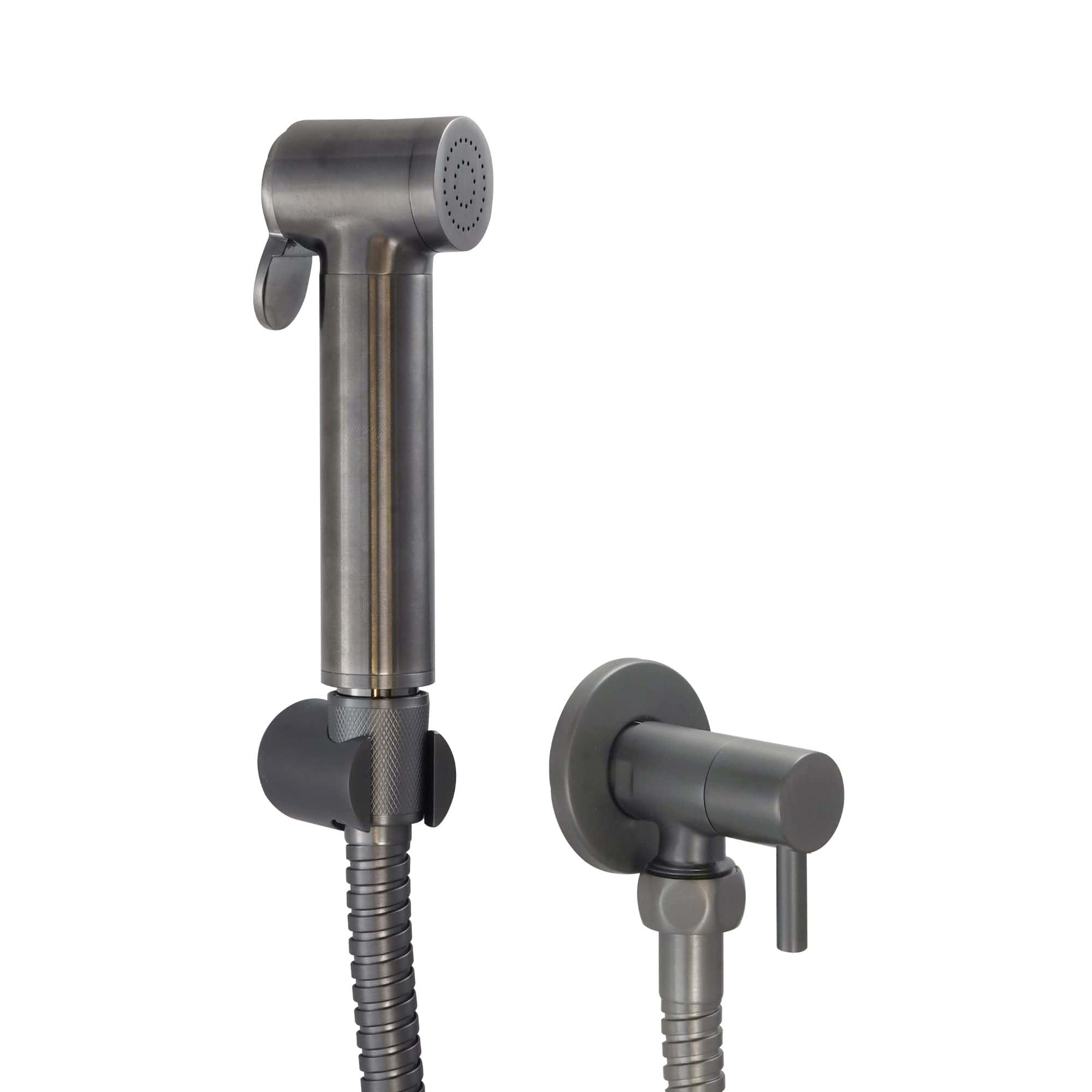 Modern stainless steel bidet sprayer with hose and wall mount, ideal for bathroom hygiene and cleaning. Durable, sleek design suitable for contemporary British bathrooms.