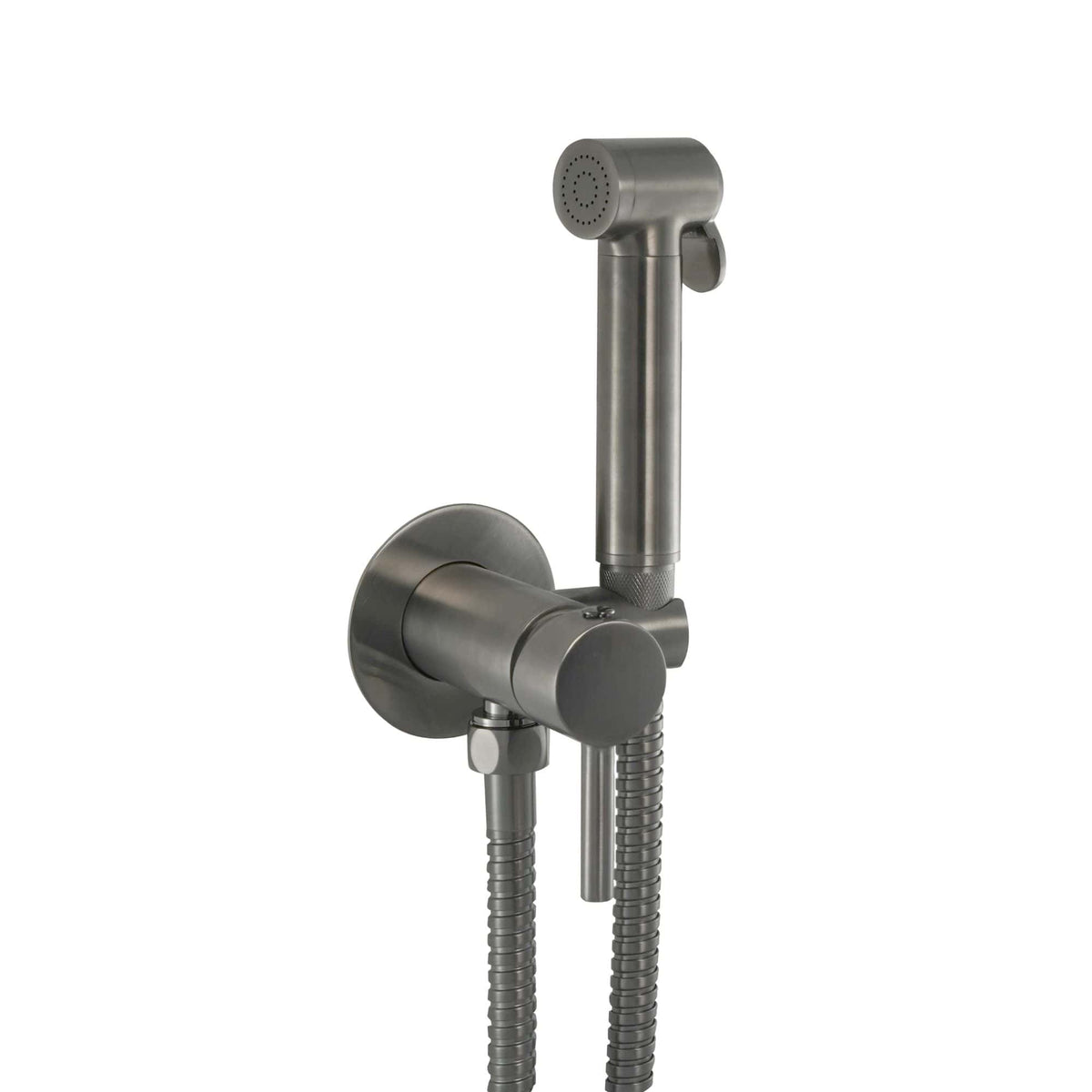 Flexible shower hand held shower head and wall mount - brushed stainless steel finish. Perfect for modern bathroom installations, combining style, durability, and practicality for comfortable showering.
