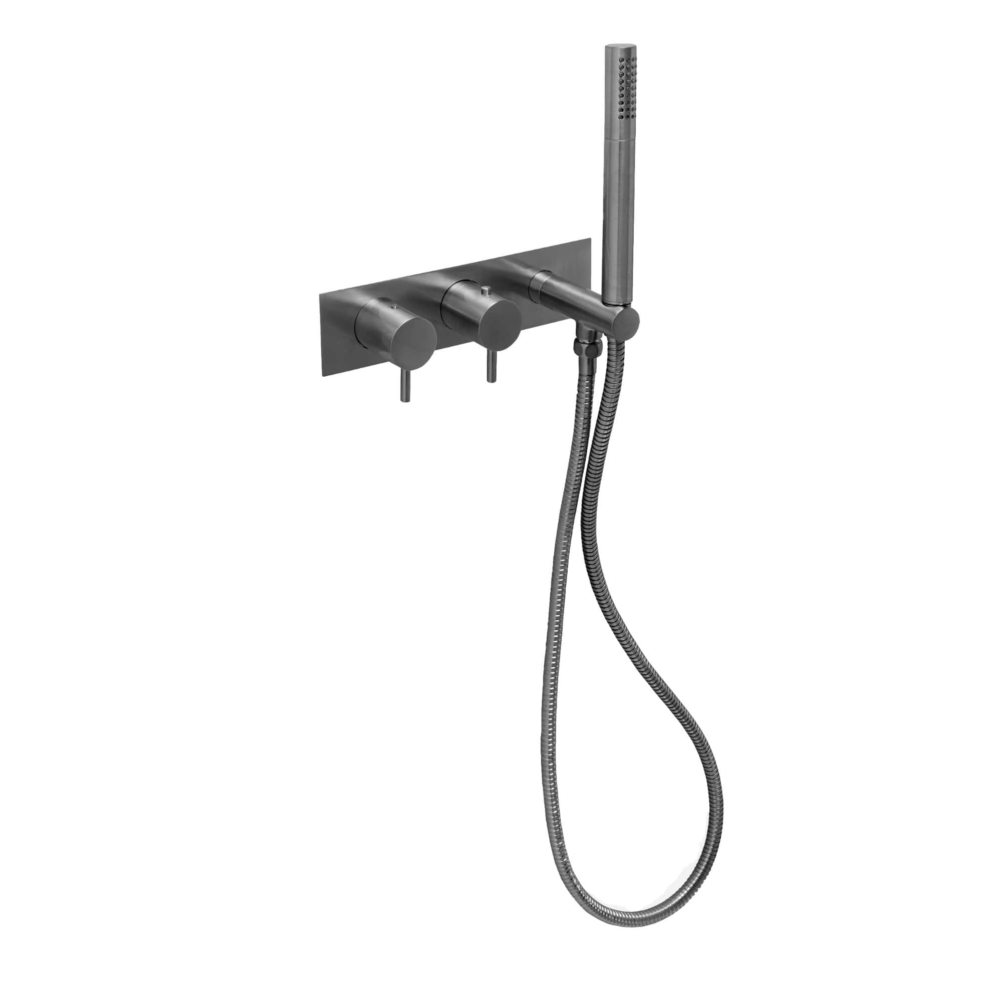 Sleek modern stainless steel bathroom shower mixer with handheld shower head and flexible hose, ideal for contemporary bathroom designs.