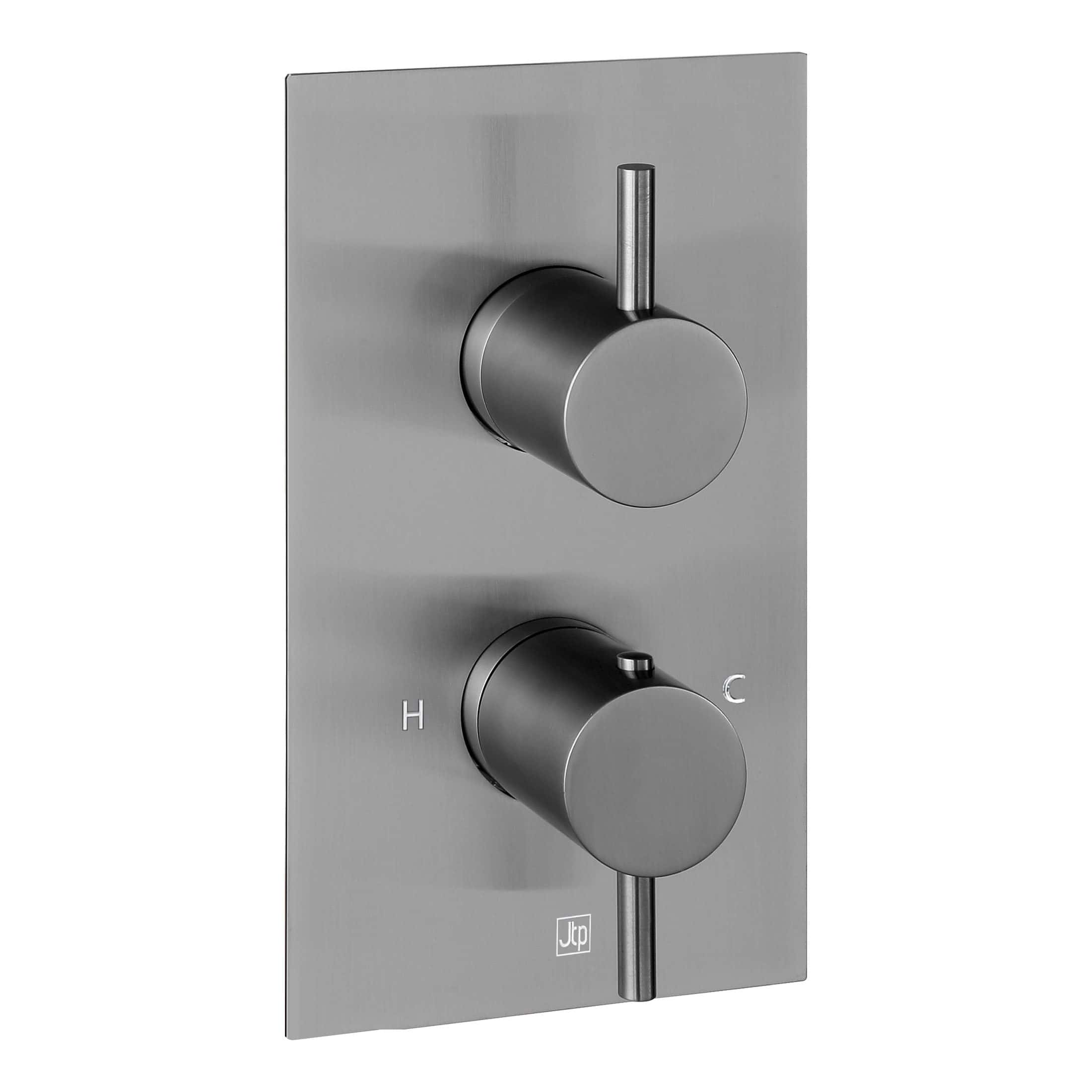 Contemporary stainless steel shower control panel with dual knobs for precise temperature and water flow adjustment, ideal for modern bathroom renovations and luxury bathroom design.