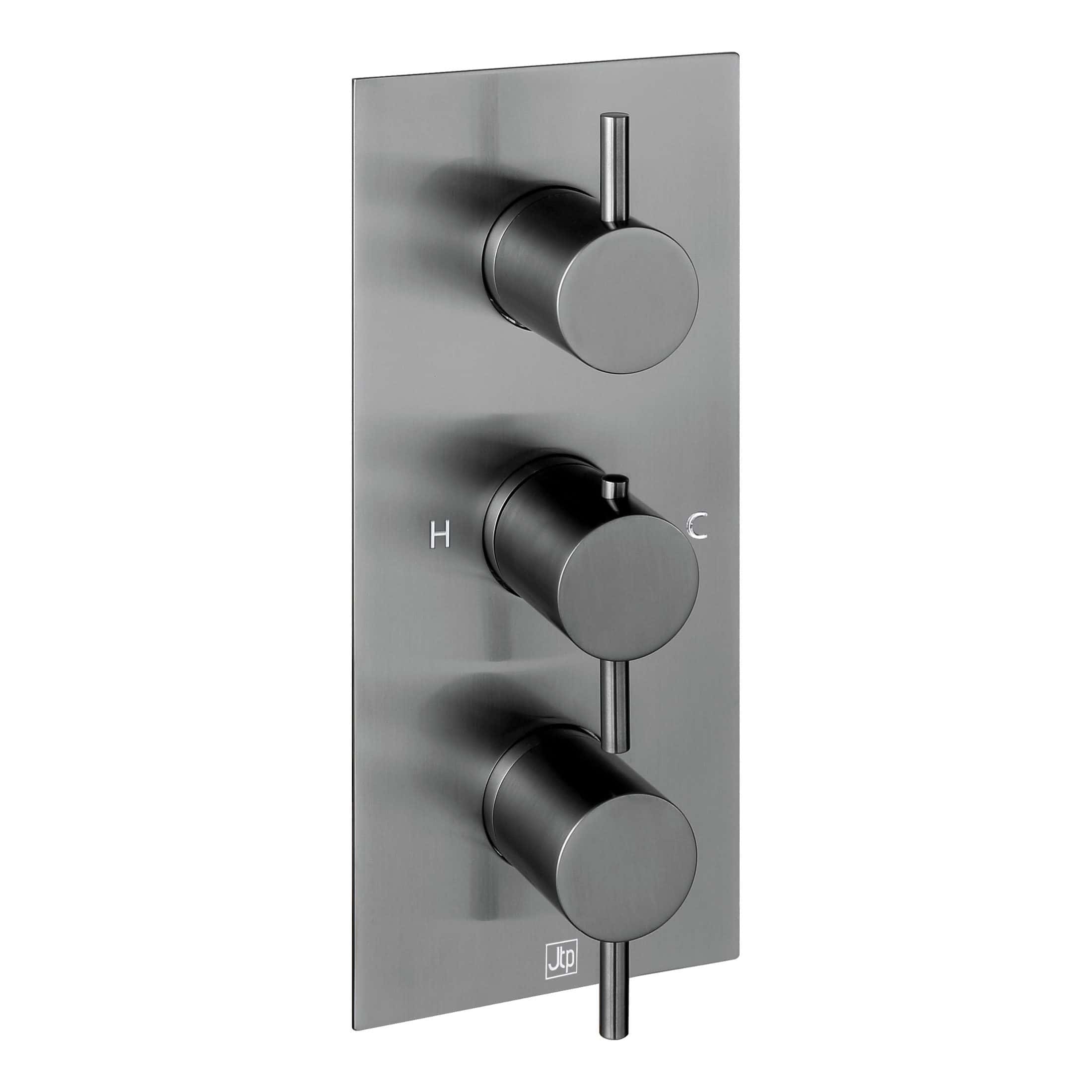 Chrome thermostatic shower control panel with three dials, modern design, and precise temperature adjustment for luxury bathroom upgrades.