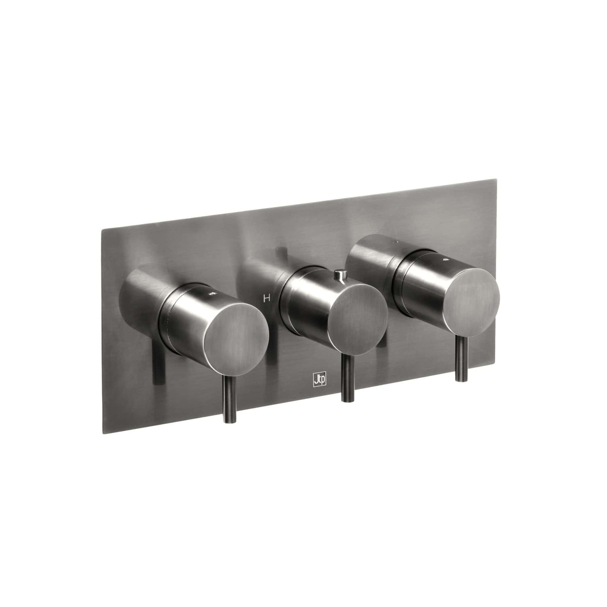 Sleek stainless steel indoor shower thermostat with three control knobs for precise temperature and flow management, ideal for modern bathrooms.