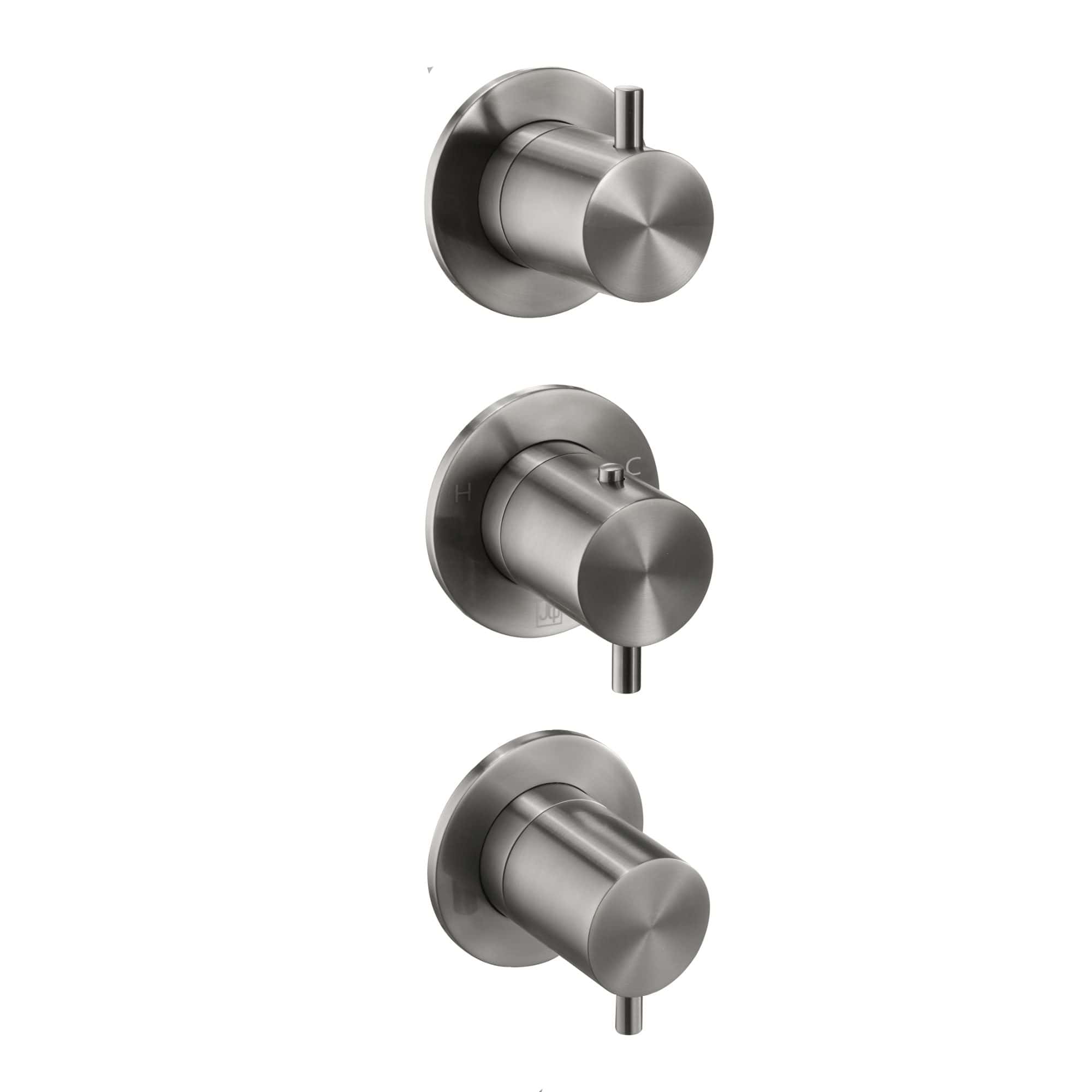 Sleek stainless steel bathroom shower control panels with minimalist design, perfect for modern Bubly bathrooms with premium fixtures.