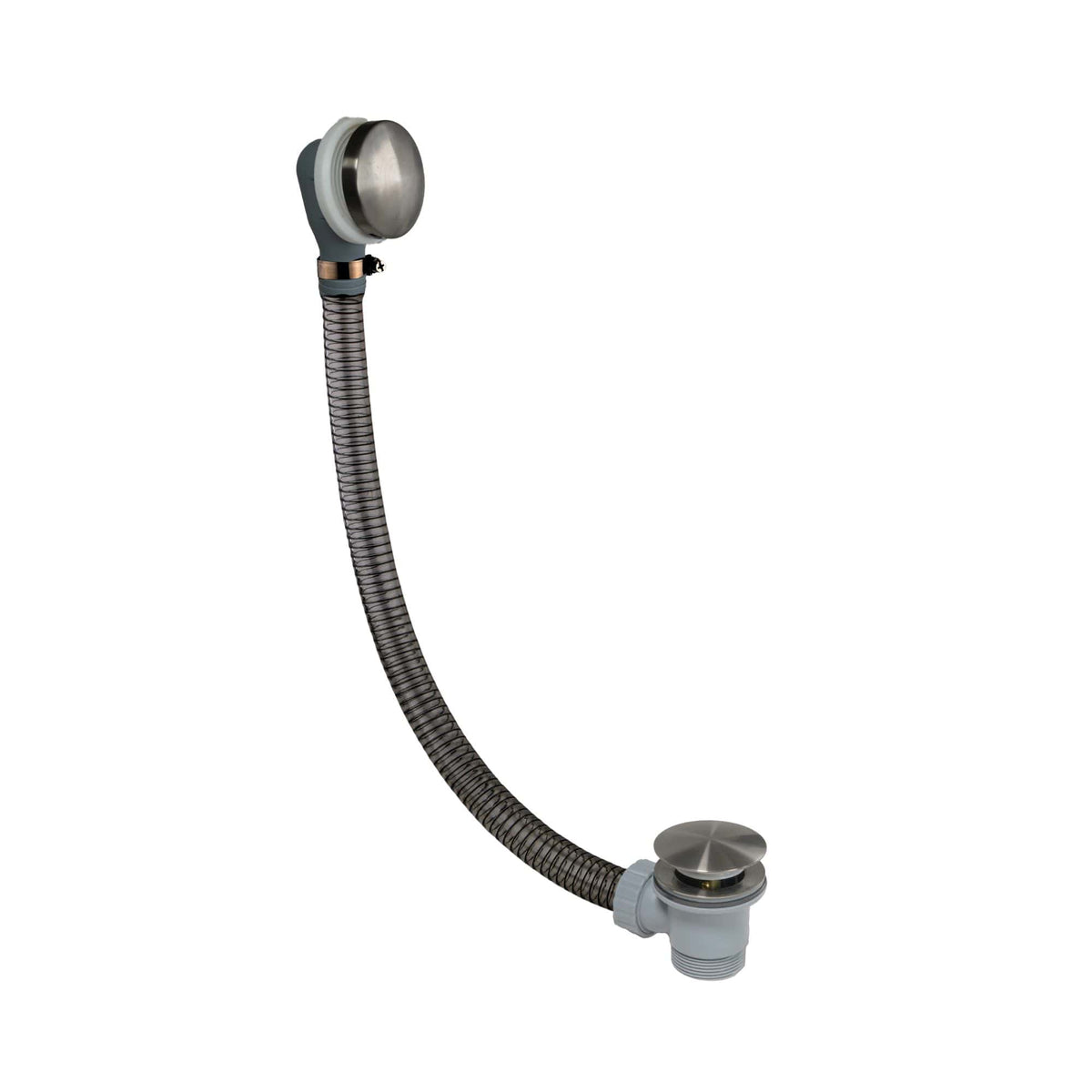 Flexible bathroom drain pipe with stainless steel connectors and grey fittings, ideal for modern bathroom plumbing installations.