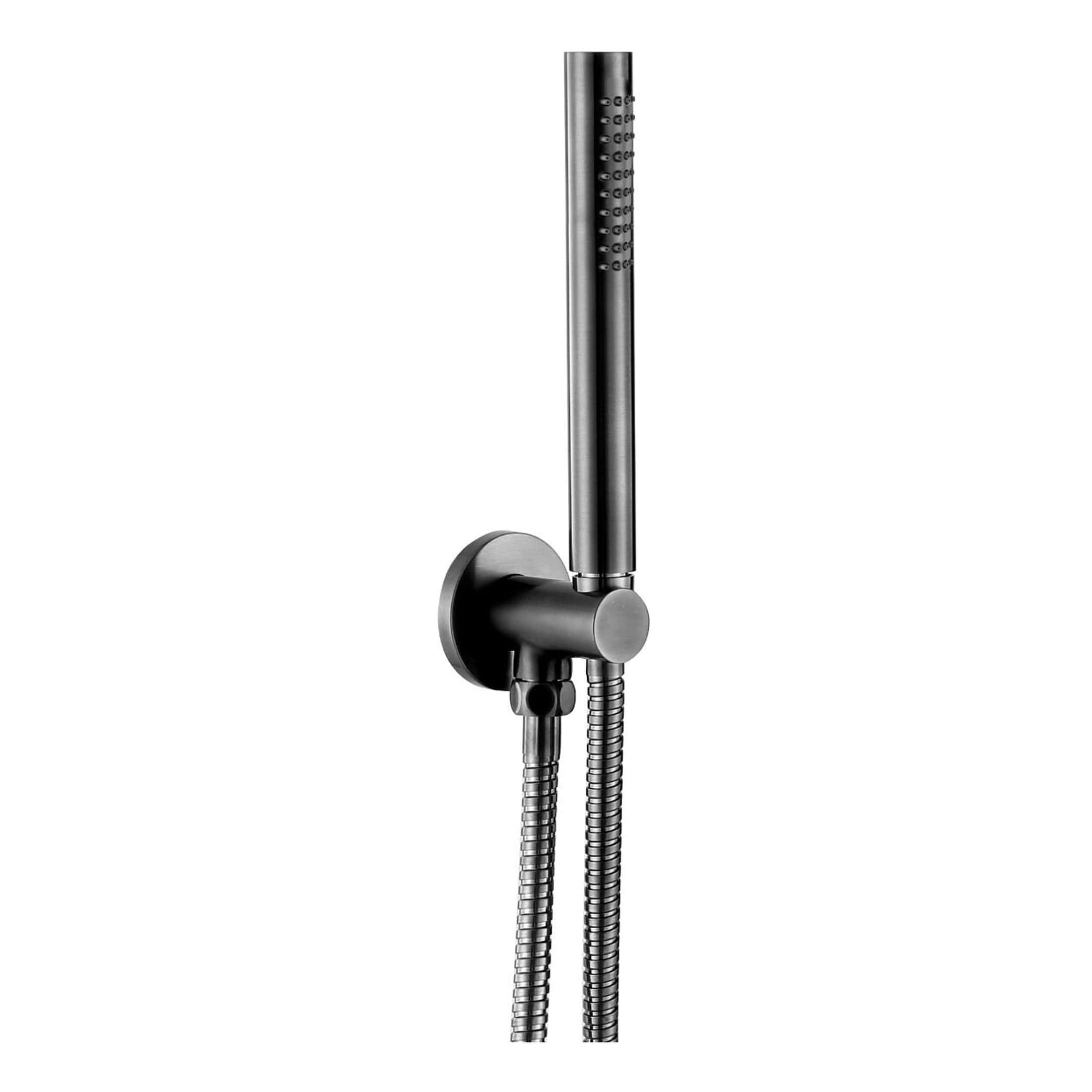 Sleek modern handheld shower head with adjustable spray settings, stainless steel finish, and flexible hose, ideal for contemporary bathroom designs.