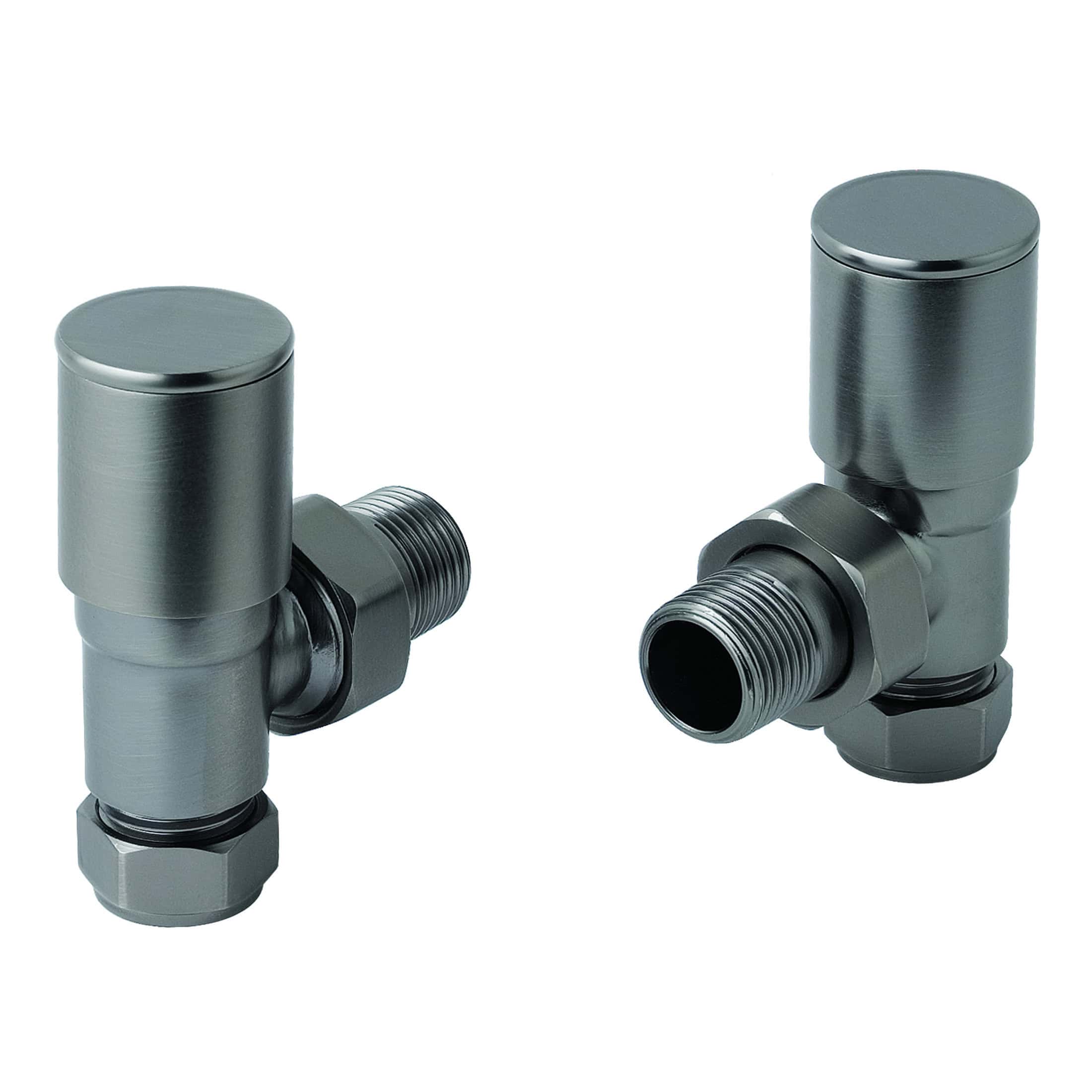 Chrome radiator valves for modern bathroom heating systems, featuring a sleek and professional design by Bubly Bathrooms. Perfect for thermostatic control and style.