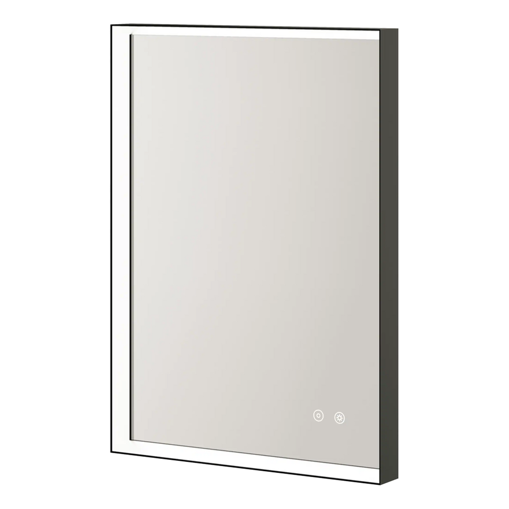 LED bathroom mirror with touch controls, modern bathroom vanity mirror with heating function, sleek design for contemporary bathrooms, ideal for saving space and adding stylish lighting.