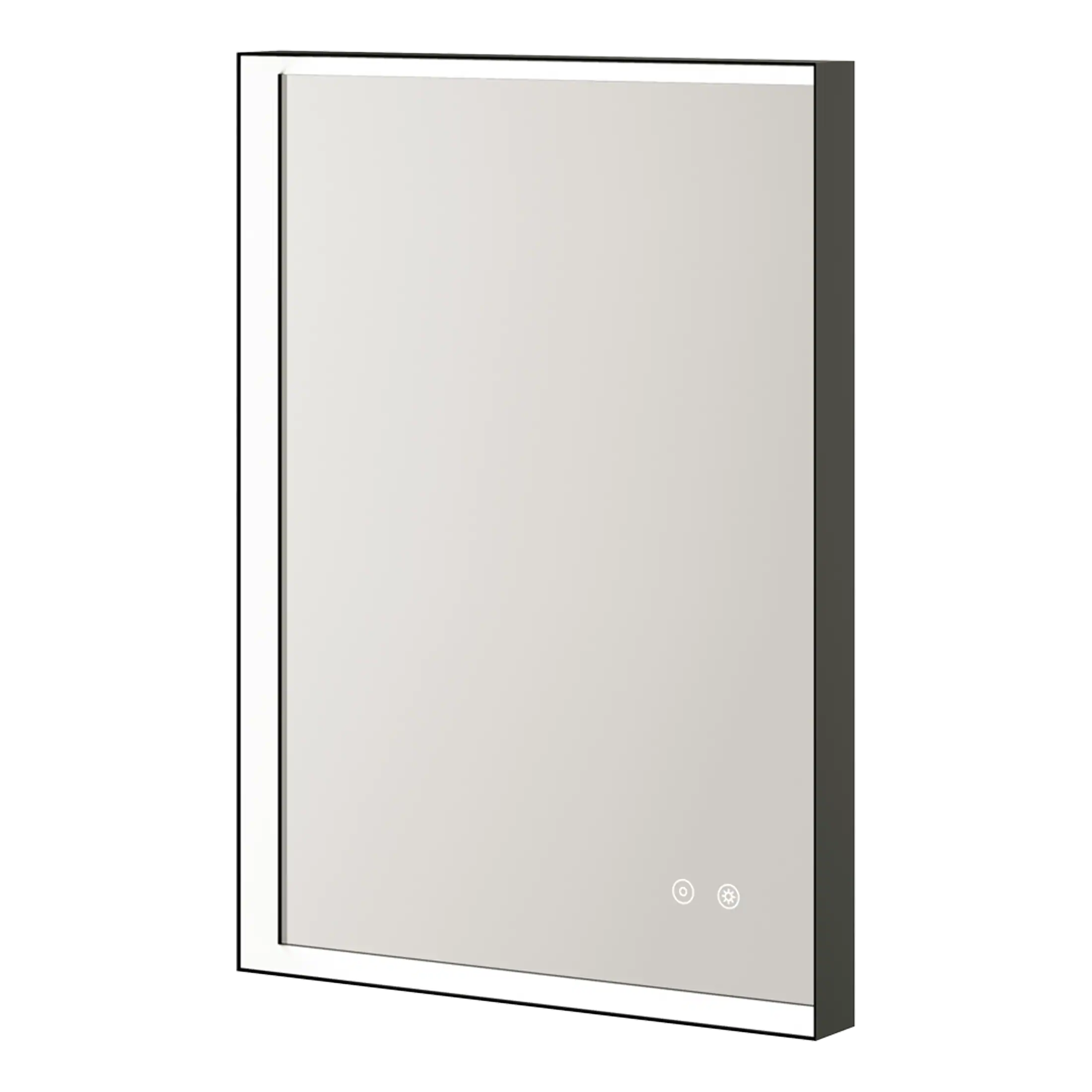 LED bathroom mirror with touch controls, modern bathroom vanity mirror with heating function, sleek design for contemporary bathrooms, ideal for saving space and adding stylish lighting.