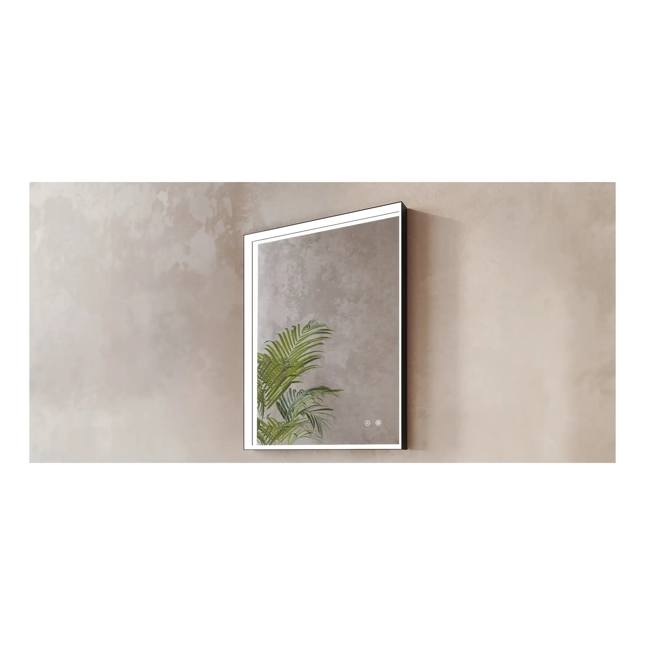 Sleek modern bathroom mirror with integrated LED lighting, mounted on a textured neutral wall, complemented by green plant reflection, ideal for contemporary bathroom design.