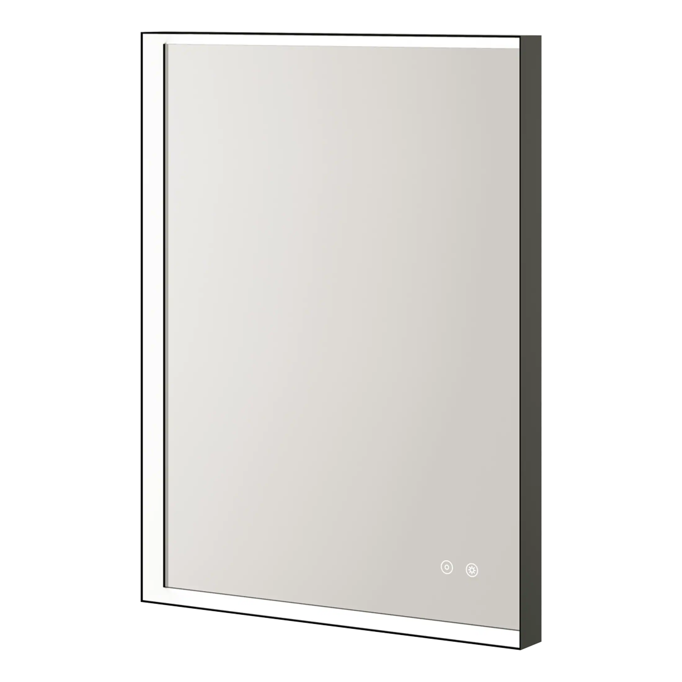 Sleek modern bathroom mirror with touch sensor and LED lighting, ideal for contemporary bathroom decor and enhancing space and illumination.