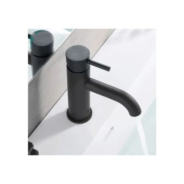 Black bathroom sink tap with sleek modern design and matte finish, perfect for contemporary bathroom renovations.