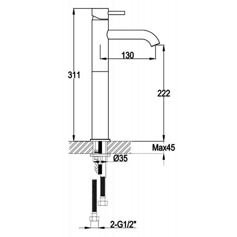 Brass bathroom tap with a modern design, includes measurement details and installation specifications, perfect for upgrading your bathroom fixtures.