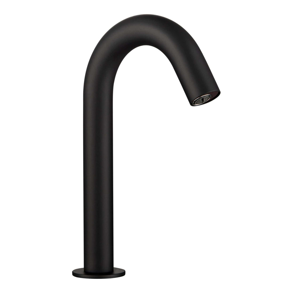 Black modern bathroom tap with sleek, minimalist design perfect for contemporary bathroom sinks. Featuring a high-arc spout and matte finish for a stylish, functional addition.