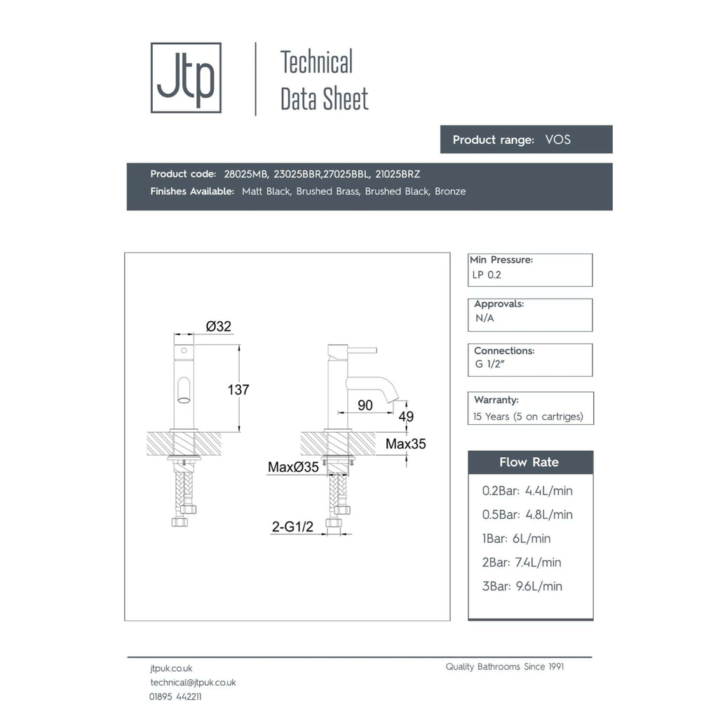 Brushed brass bathroom tap with modern design, fitting standard G 1/2 inch connections, featuring detailed technical drawing and specifications.