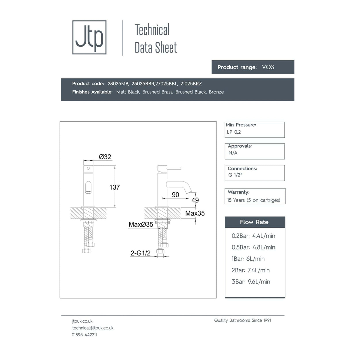 Brushed brass bathroom tap with modern design, fitting standard G 1/2 inch connections, featuring detailed technical drawing and specifications.