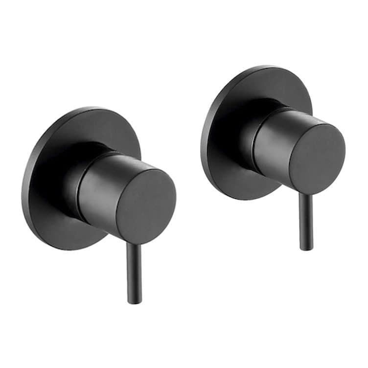 Black minimalist wall-mounted bath tap controls for modern bathroom design. High-quality, sleek fixtures by Bubly Bathrooms. Perfect for contemporary bathroom upgrades and renovations.