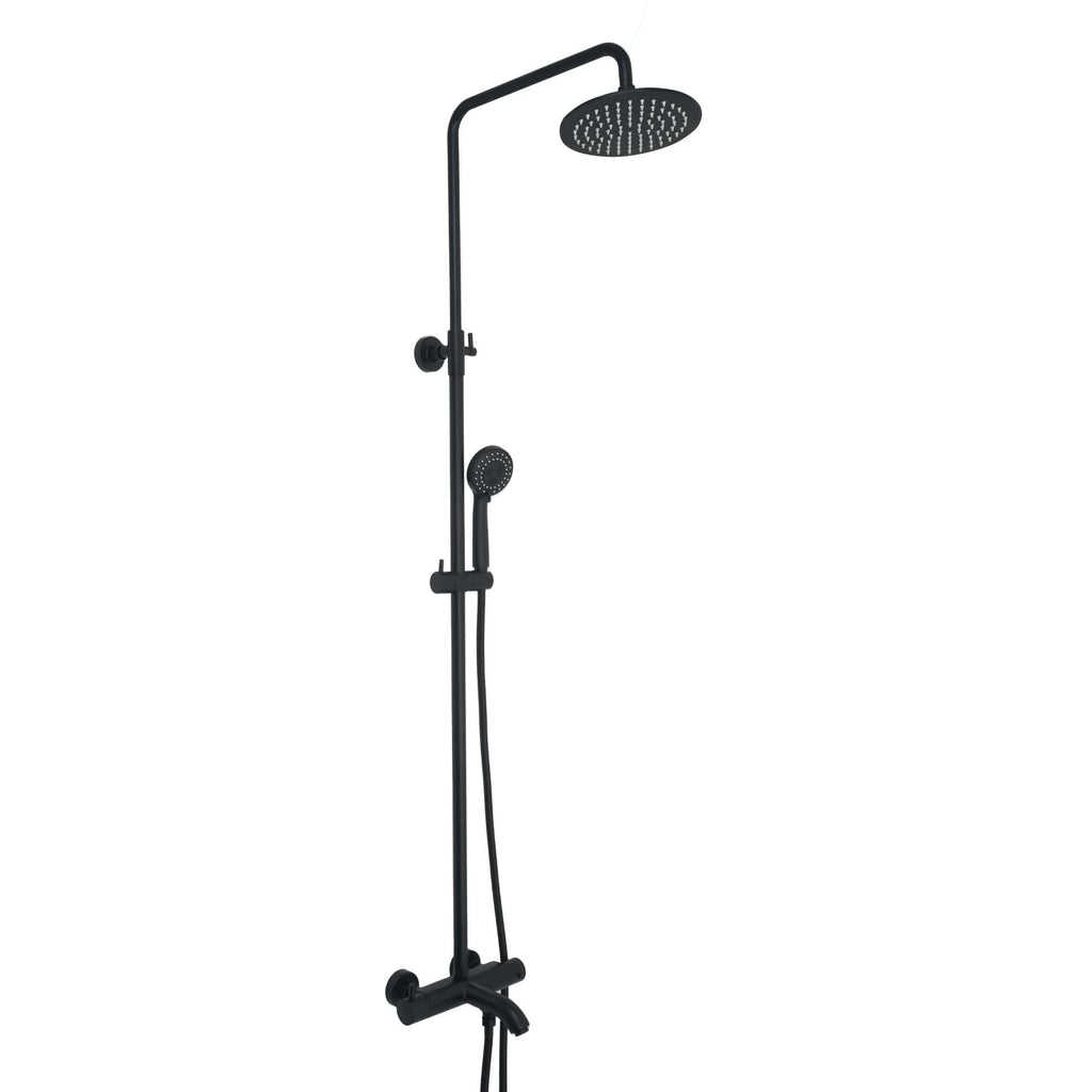 Sleek black modern shower system with rain shower head and handheld spray, perfect for luxurious bathroom upgrades and contemporary bathroom ideas.