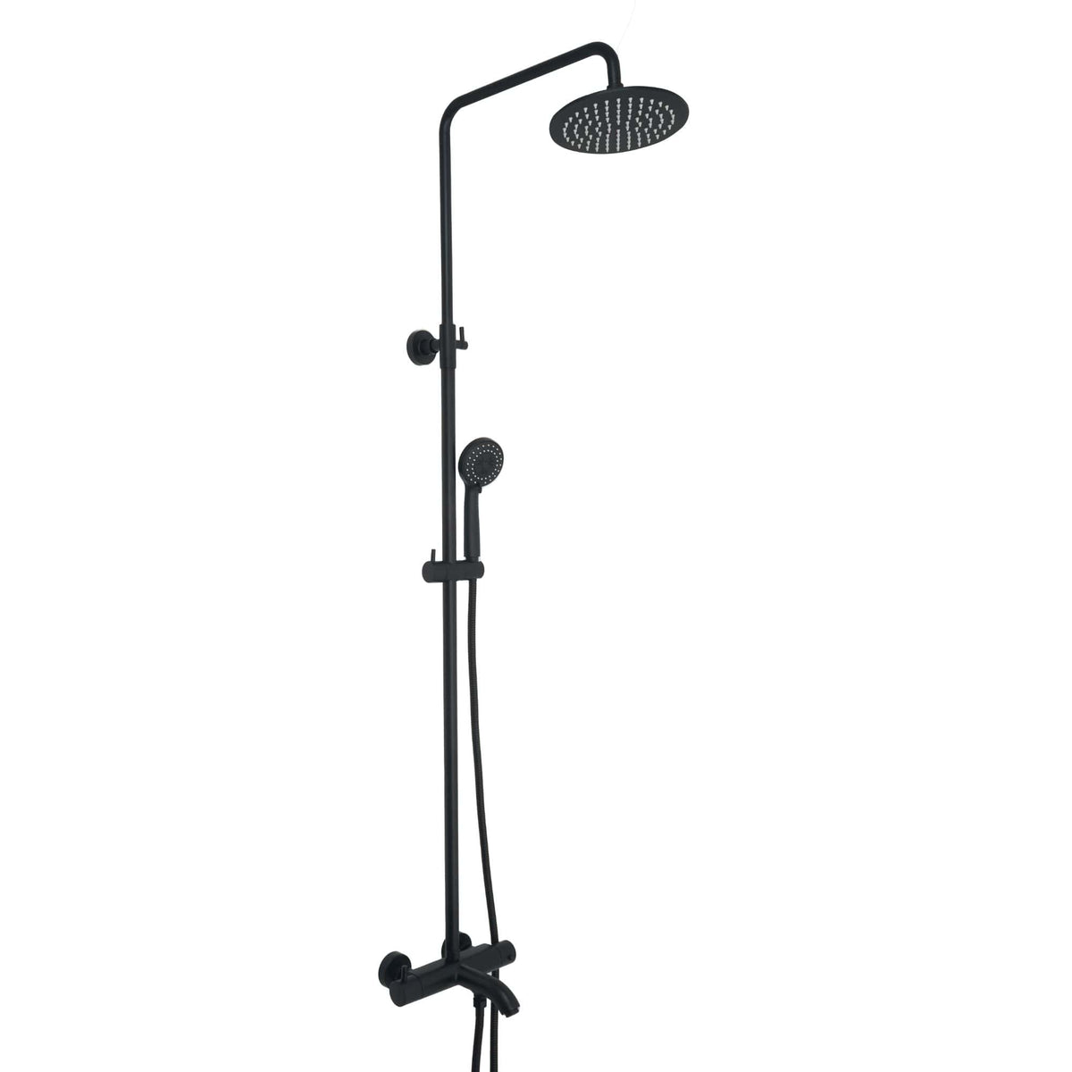Sleek black modern shower system with rain shower head and handheld spray, perfect for luxurious bathroom upgrades and contemporary bathroom ideas.