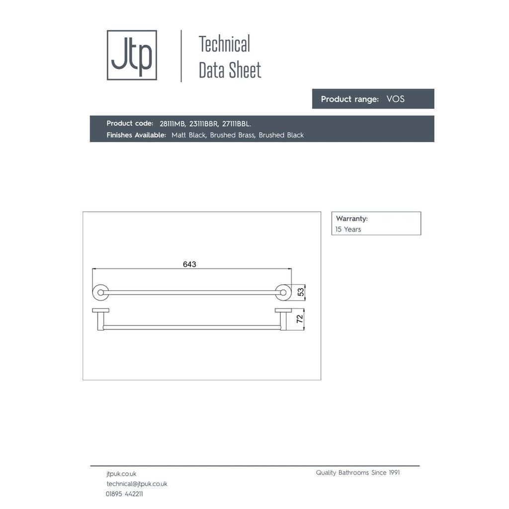 Contemporary bathroom towel rail with sleek chrome finish, measuring 643mm in length, ideal for modern bathrooms, durable and easy to install.