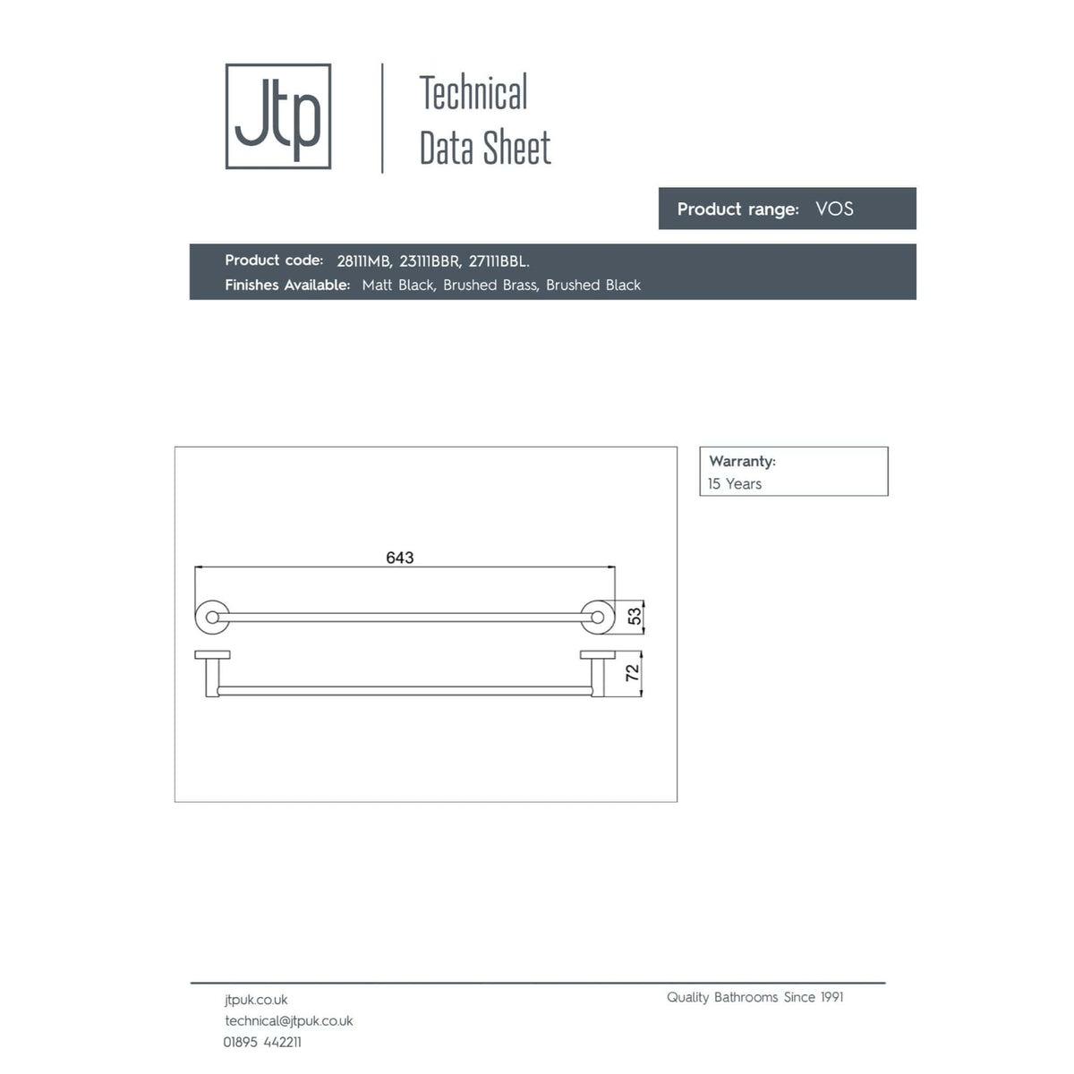 Contemporary bathroom towel rail with sleek chrome finish, measuring 643mm in length, ideal for modern bathrooms, durable and easy to install.