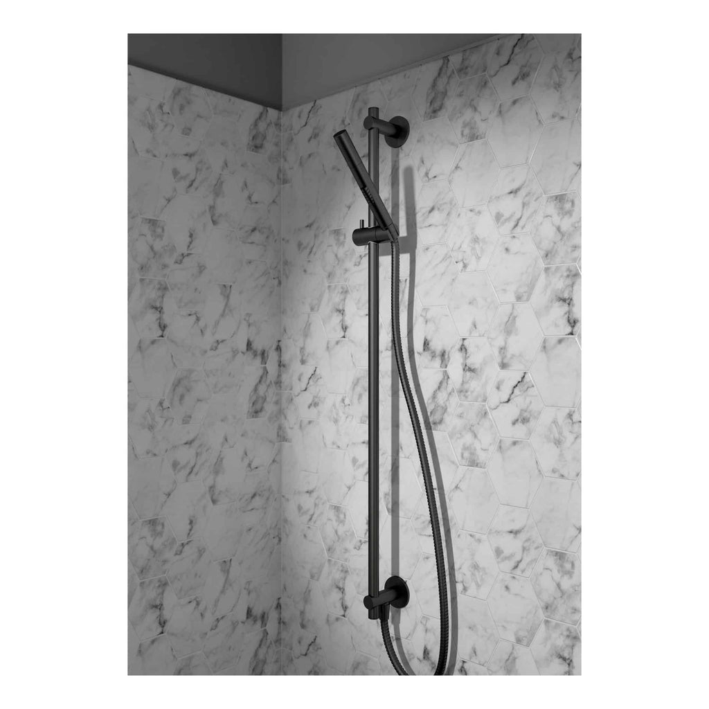 Modern black shower head and rail system in a contemporary bathroom with hexagon marble tiles.