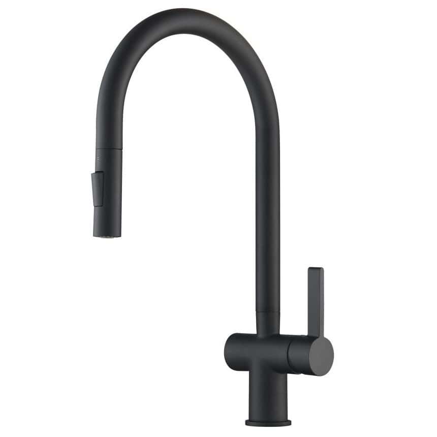 Black modern kitchen sink tap with sleek curved design, ideal for contemporary bathroom and kitchen renovations, showcasing high-quality fittings from Bubly Bathrooms.