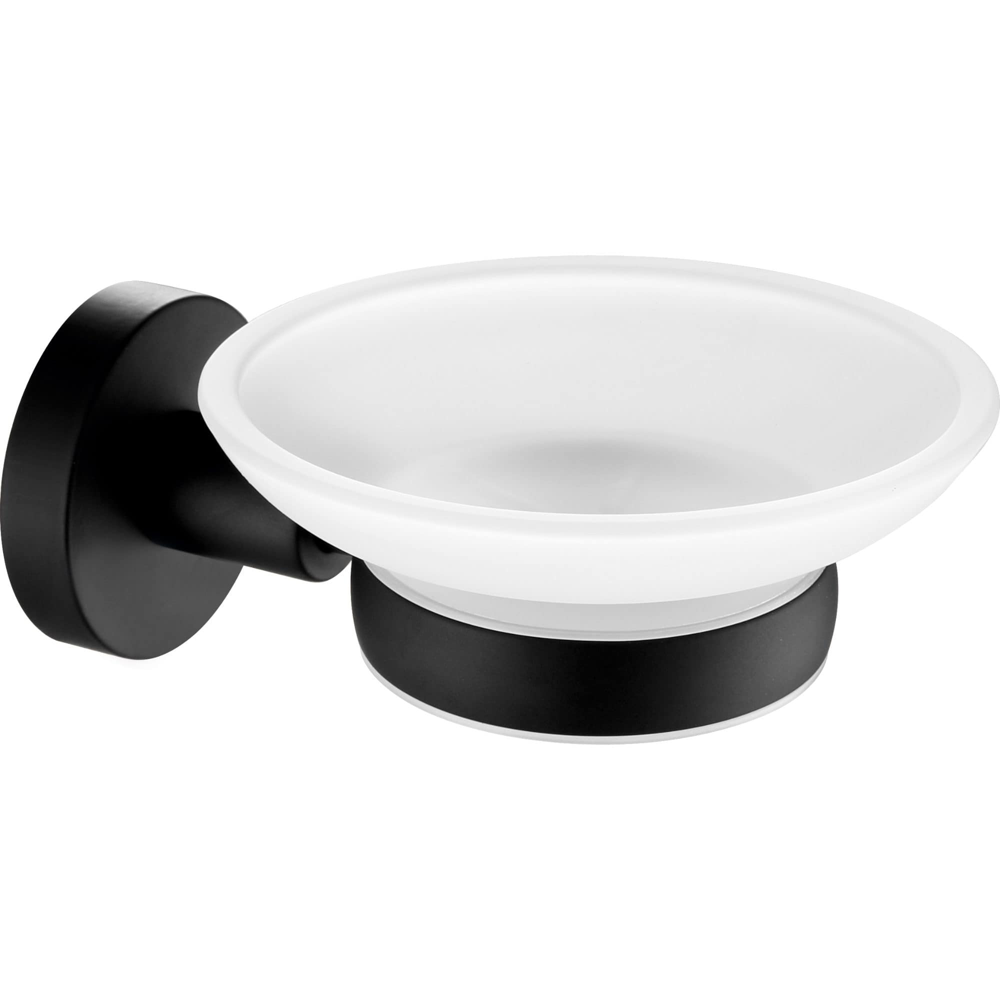 Sleek black and white soap dish holder with wall mount, designed for modern bathrooms. Durable ceramic tray with minimalist black metal base, perfect for organising soap and toiletries.