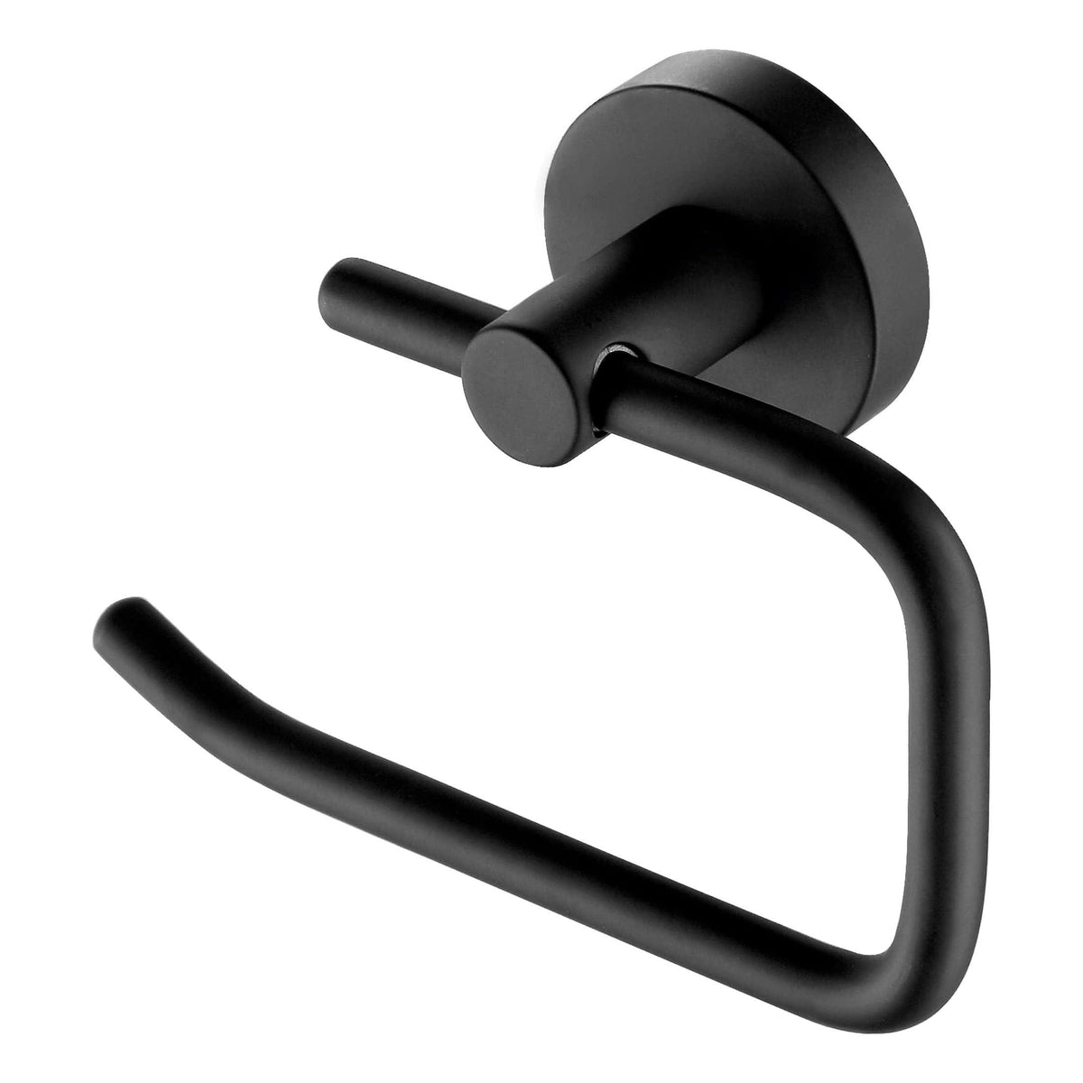 Sleek black toilet paper holder with modern minimalist design, perfect for contemporary bathrooms, offering stylish and functional bathroom accessories from Bubly Bathrooms.