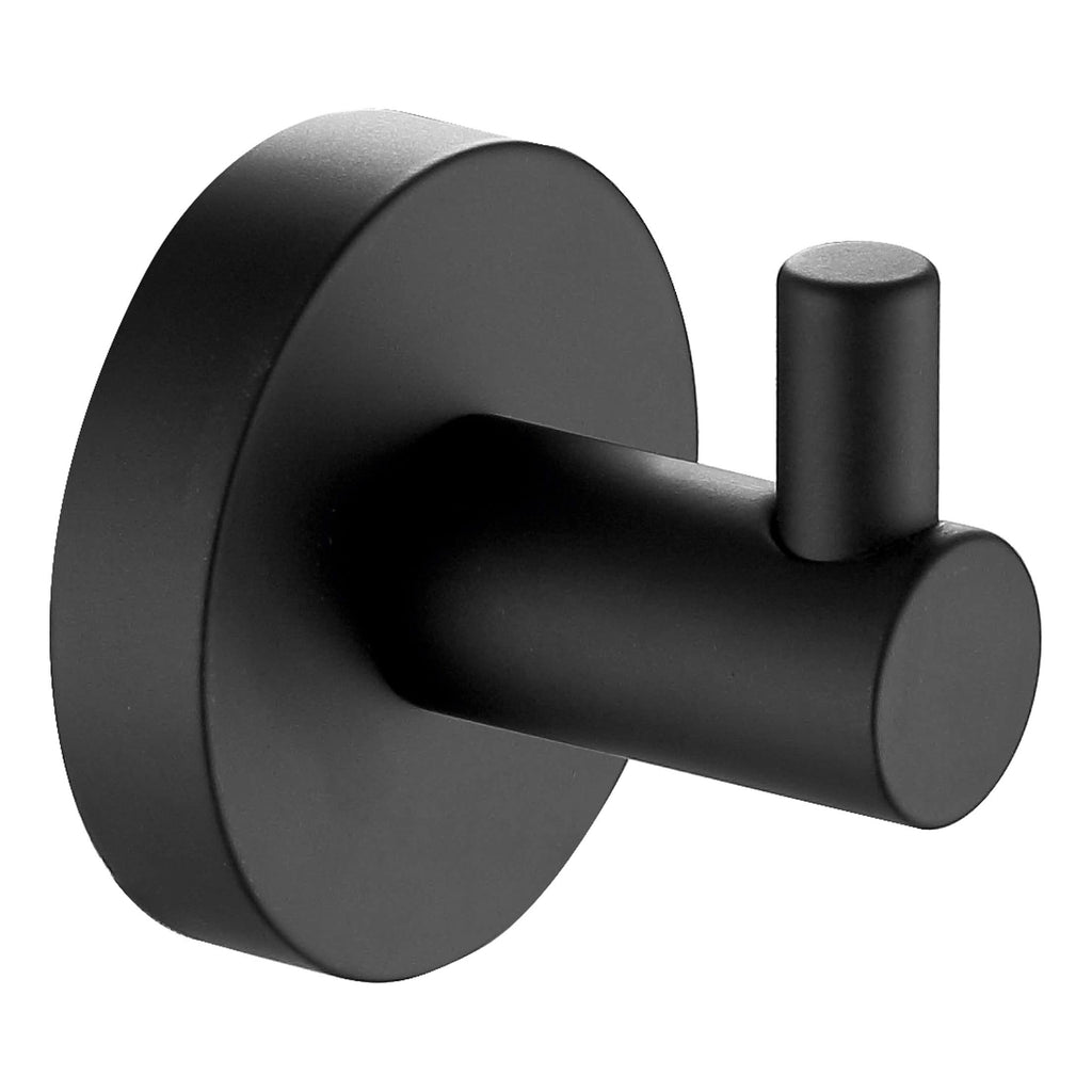 Black minimalist bathroom hook wall mount for modern bathroom storage and organisation. Durable metal design with sleek matte finish, ideal for towels or robes.