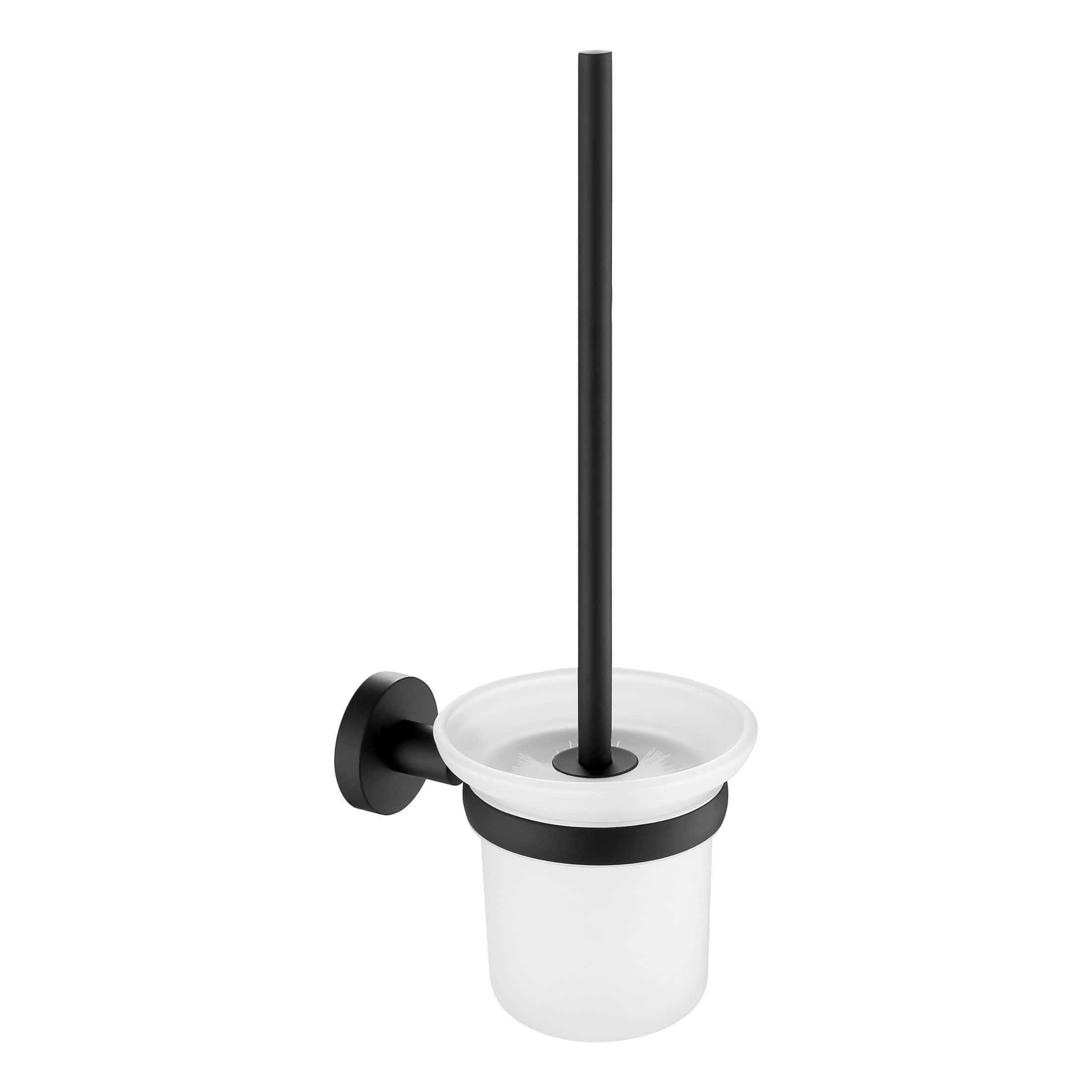 Easy-to-clean toilet brush holder set with black and white finish, sleek design, ideal for modern bathrooms to maintain hygiene and cleanliness.