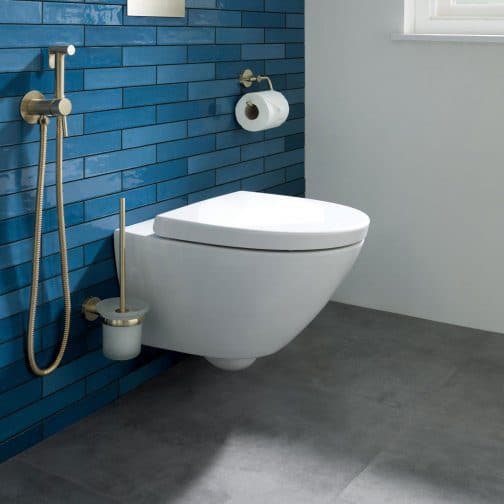 High-quality modern wall-mounted toilet with sleek design and blue tiled wall, ideal for contemporary bathrooms. Featuring a bidet spray and toilet paper holder for added comfort and convenience.
