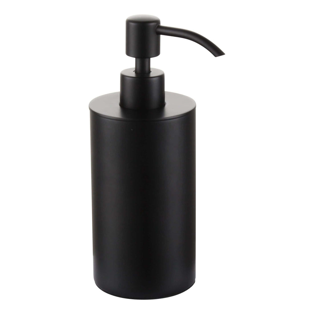 Sleek black soap dispenser for modern bathrooms, ideal for hand wash or lotion, designed to complement contemporary bathroom décors and ensure convenient access to toiletries.