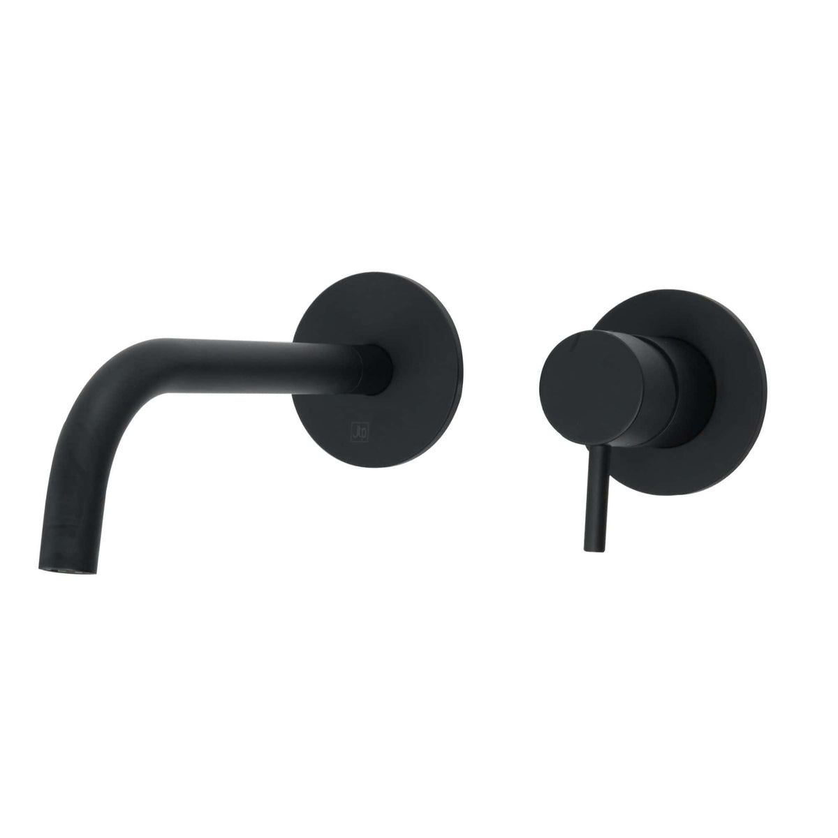 Sleek black wall-mounted bathroom tap and mixer set, modern minimalist design, ideal for contemporary bathrooms, durable matte finish, easy to install and maintain.
