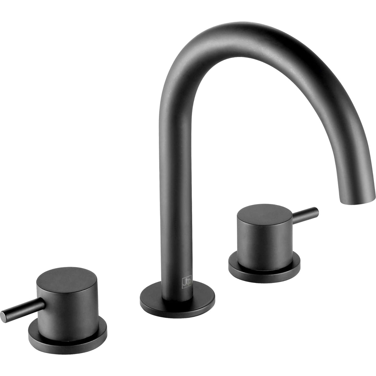 Sleek black bathroom tap with curved spout and dual levers, ideal for modern bathroom design. Durable and stylish finish, perfect for contemporary bathrooms.